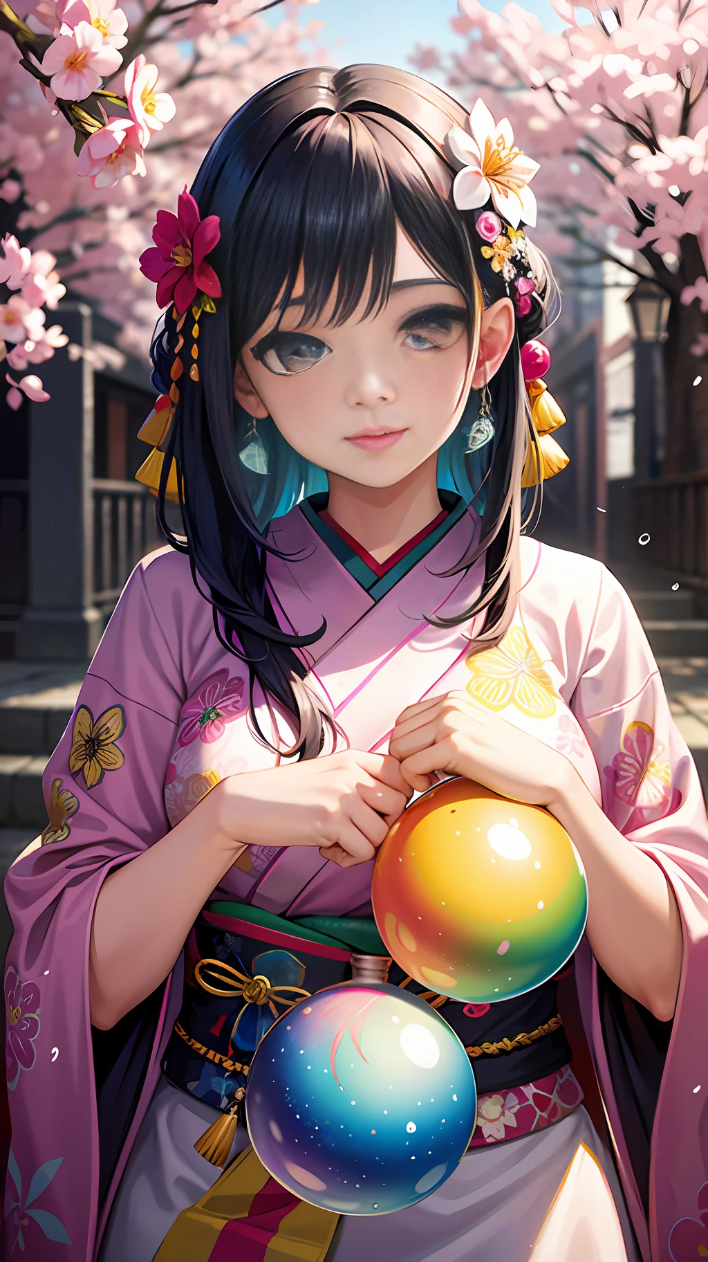 shukezouma, octane render, hdr, (hyperdetailed:1.15), (soft light, sharp:1.2), 1girl, beautiful girl, ultra detailed eyes, mature, plump, thick, rainbow painting drops, paint teardrops, woman made up from paint, entirely paint, splat, splash, long colored hair, kimono made from paint, ultra detailed texture kimono, rainbow paint kimono, paint bulb, paint drops, (hair ornaments, earrings, flowers hair ornaments, butterflies hair ornaments), outdoors, sakura trees
