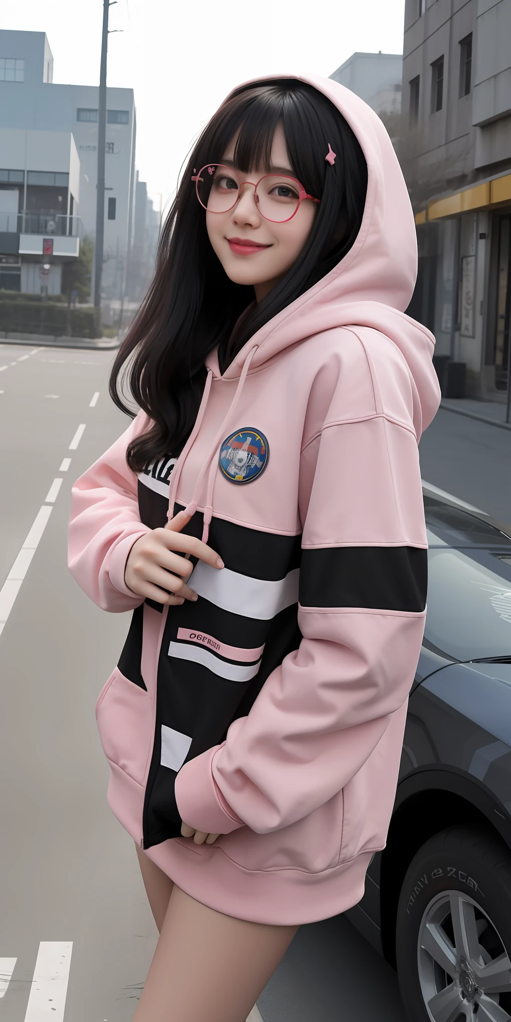 masterpiece, best quality, amazing, beautiful detailed eyes, a character portrait, cute face, smile, black hair and red streaked hair, a anime girl wearing a wearing round glasses in a pink camouflage Hoodie, robotic parts hand, heart pose, inspired by ((Robocosan, hololive)), by Makoto Shinkai, detailed texture, space art, explosions all around, a school in the background, Unreal Engine, trending on artstation
