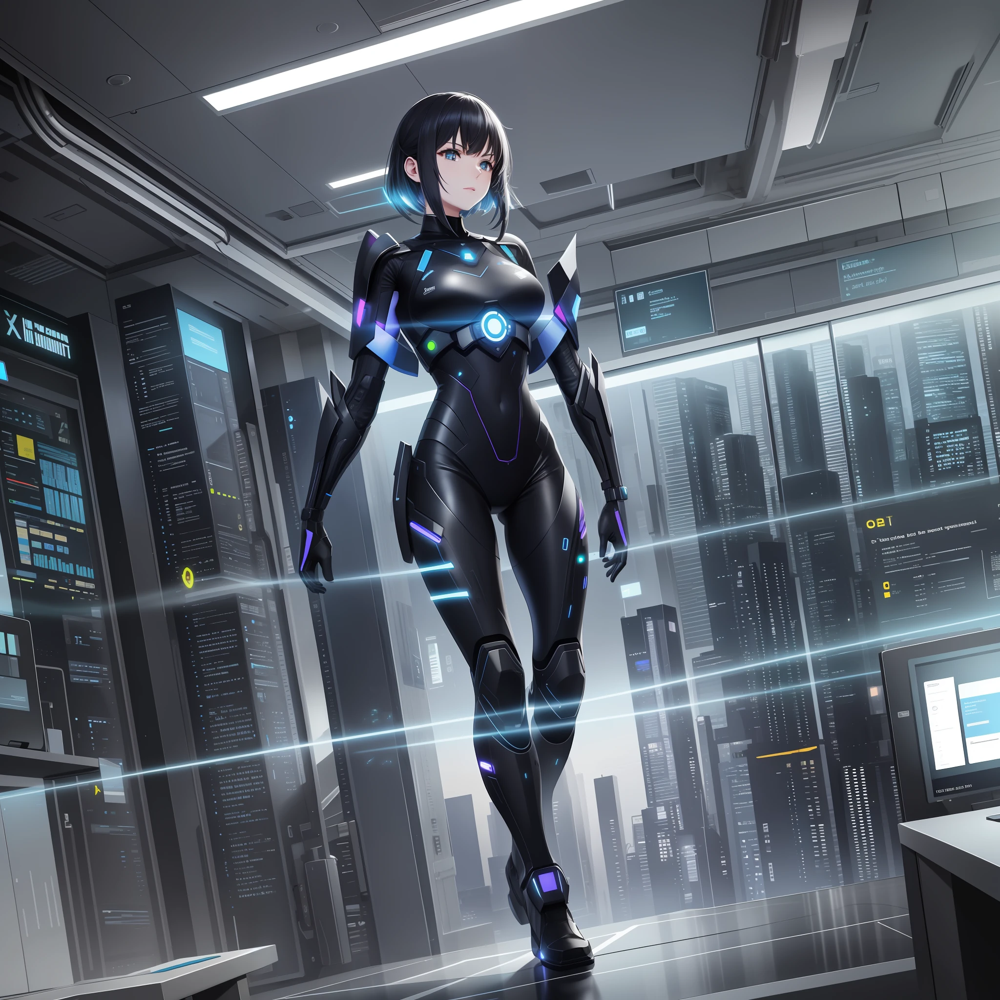 Create an image depicting a futuristic scene of information security. Blend modern technology with a highly secure environment, showcasing how people protect data from malicious intrusions.