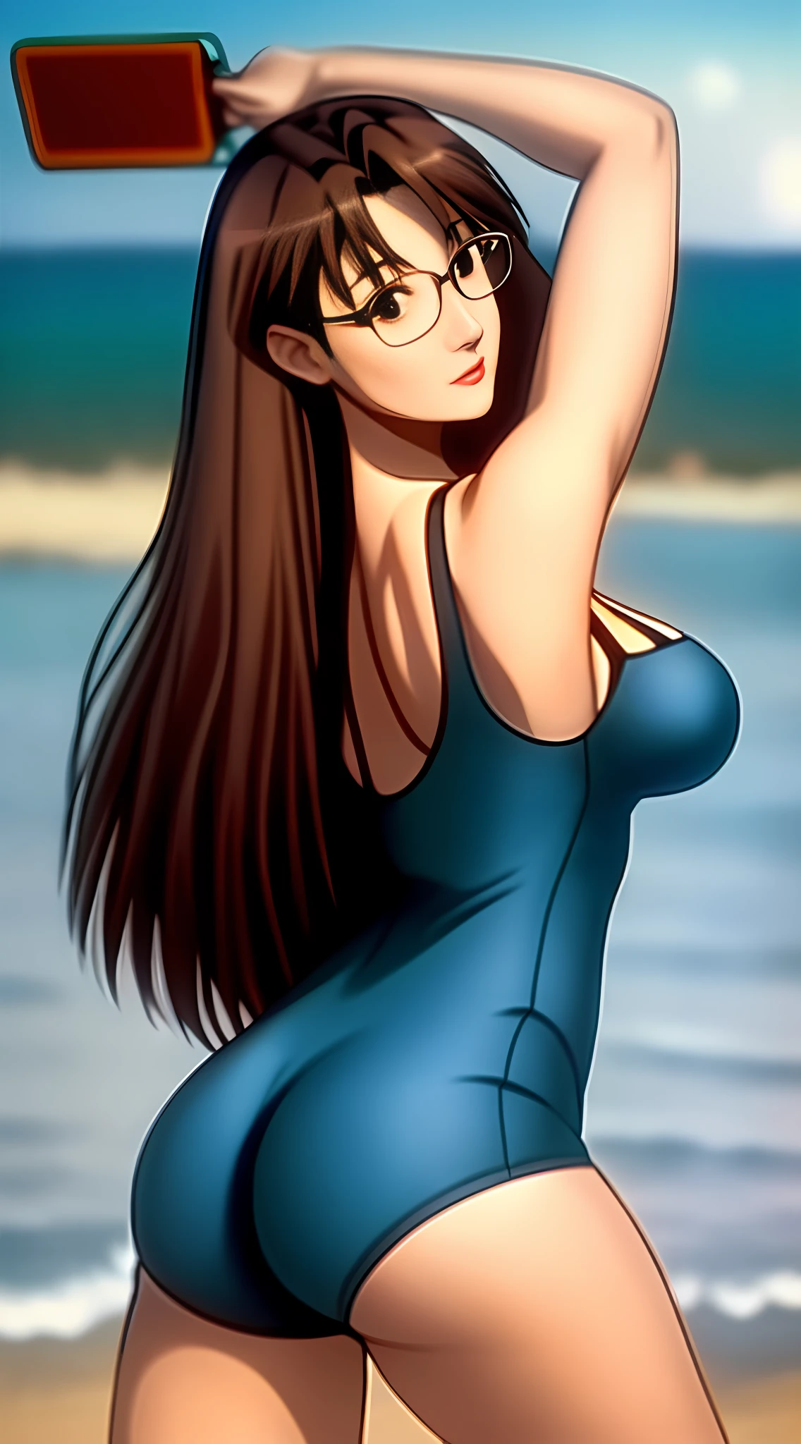 Koyomi Mizuhara, long brunette hair, glasses, tight romper outfit, bra, huge breasts, ass, thighs, slim figure, sexy poses, beach party background, seductive pose, make up, lipstick, sexy waist line, view from behind, abs, working out, sexy cleavage,
