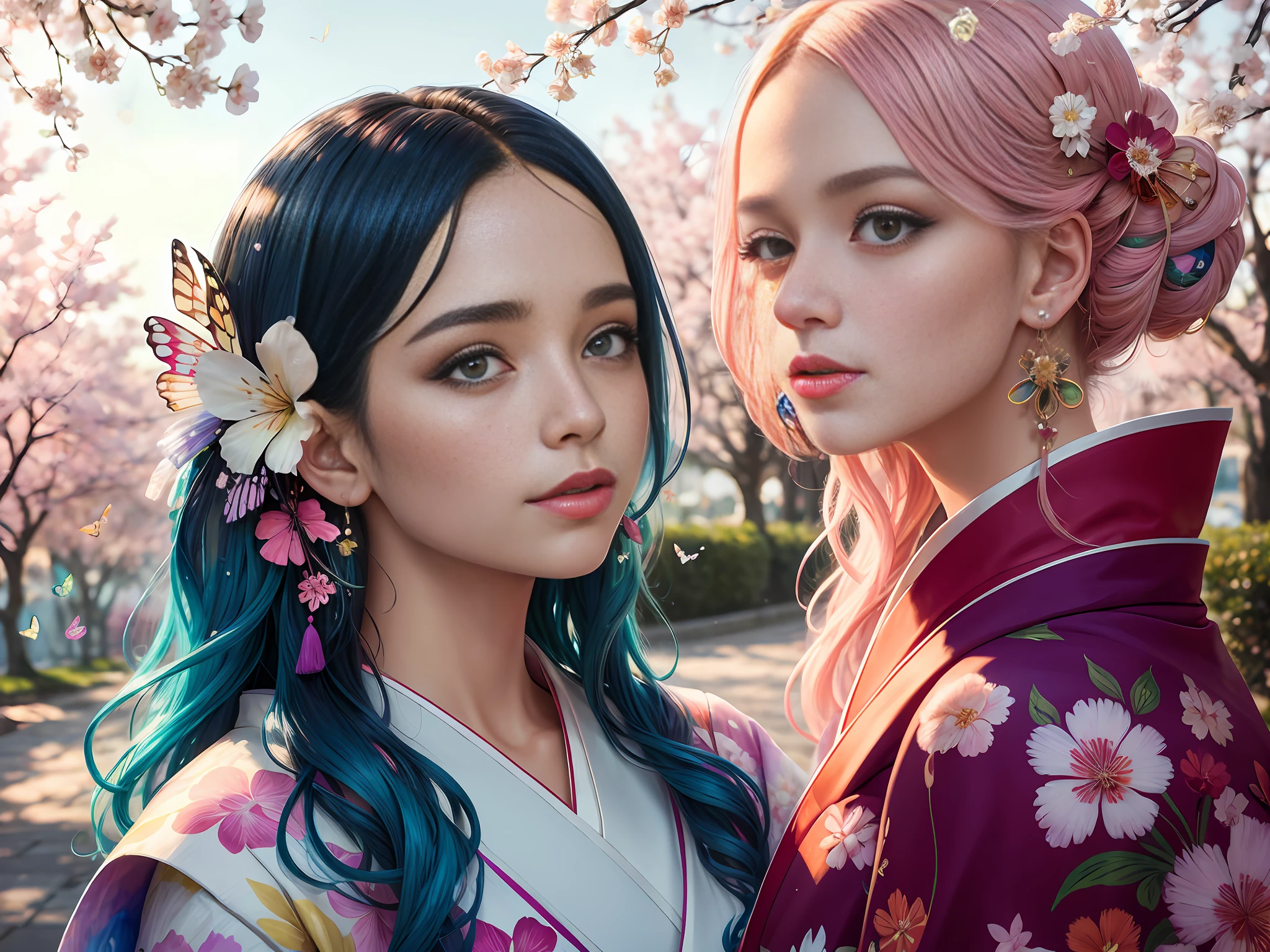 shukezouma, octane render, hdr, (hyperdetailed:1.15), (soft light, sharp:1.2), 1girl, beautiful girl, ultra detailed eyes, mature, plump, thick, painting drops, paint teardrops, woman made up from paint, entirely paint, splat, splash, long colored hair, kimono made from paint, ultra detailed texture kimono, paint kimono, paint bulb, paint drops, (hair ornaments, earrings, flowers hair ornaments, butterflies hair ornaments), outdoors, sakura trees