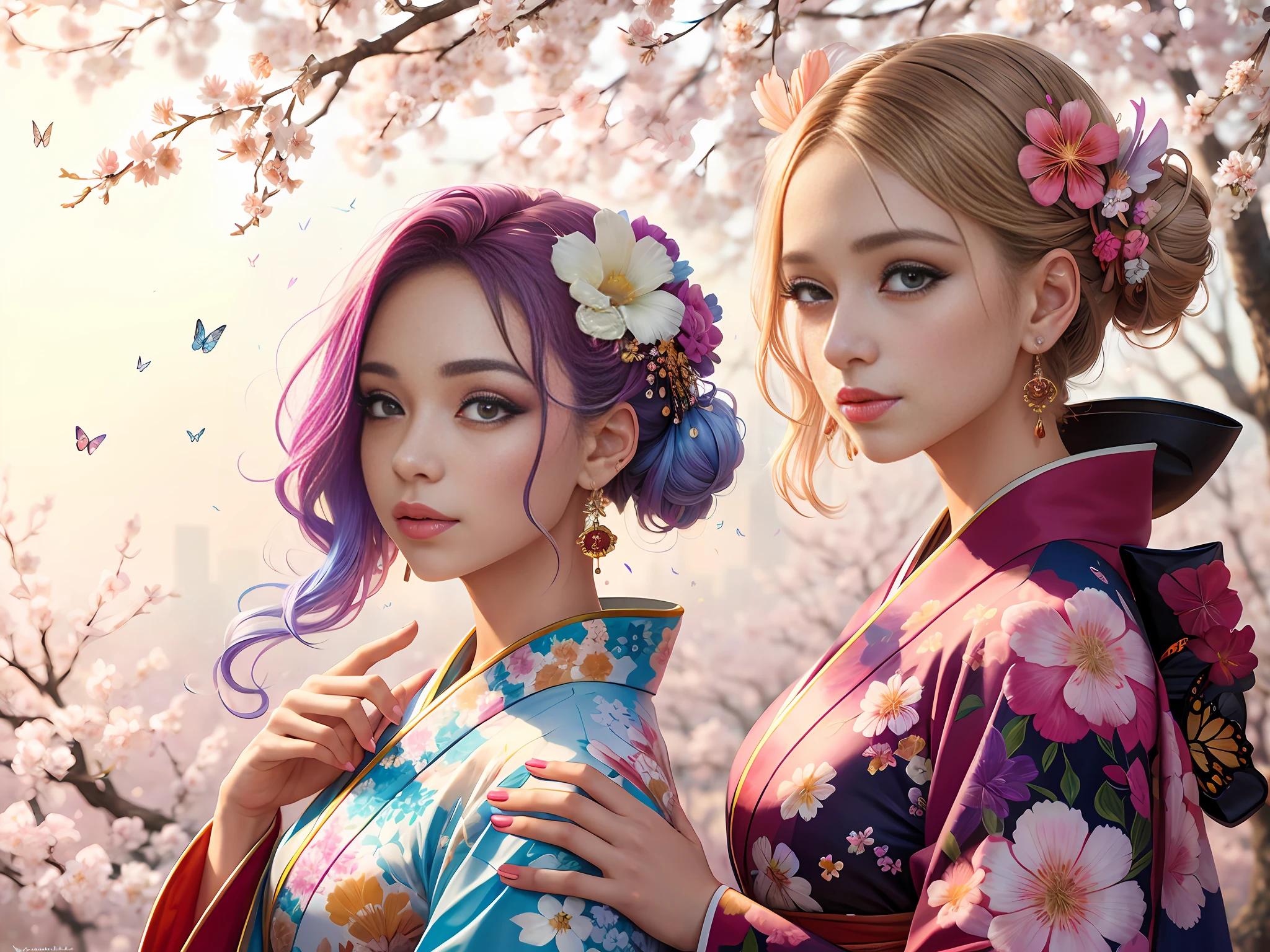 shukezouma, octane render, hdr, (hyperdetailed:1.15), (soft light, sharp:1.2), 1girl, beautiful girl, ultra detailed eyes, mature, plump, thick, painting drops, paint teardrops, woman made up from paint, entirely paint, splat, splash, long colored hair, kimono made from paint, ultra detailed texture kimono, paint kimono, paint bulb, paint drops, (hair ornaments, earrings, flowers hair ornaments, butterflies hair ornaments), outdoors, sakura trees