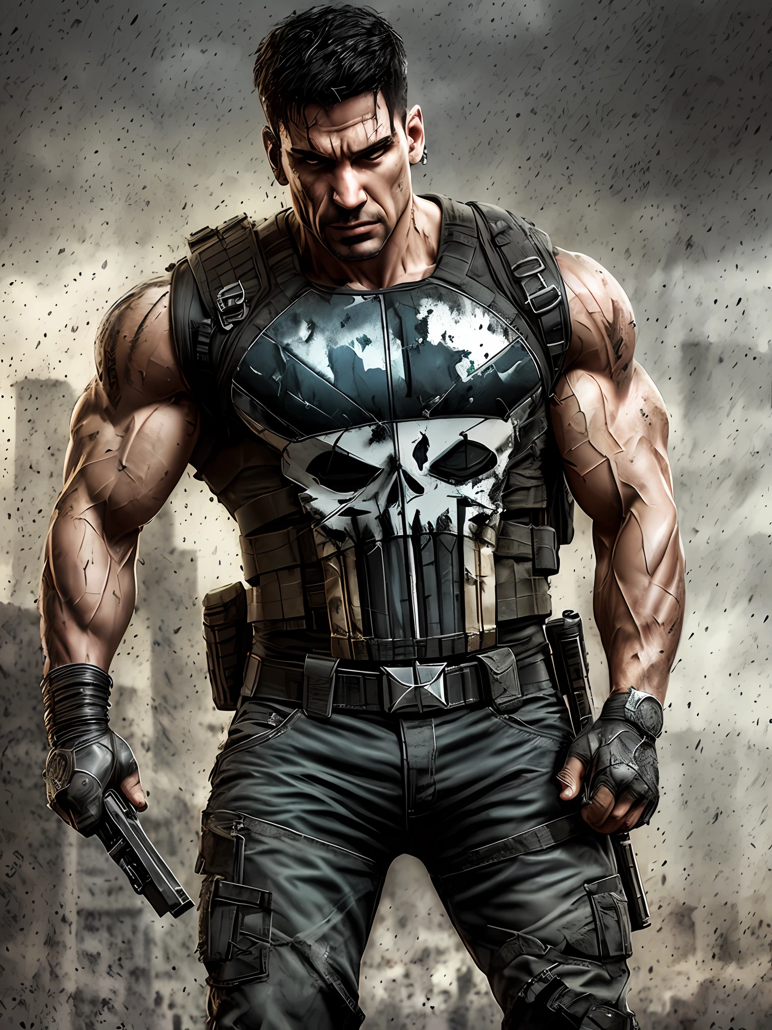 The Punisher, strong muscular man, street angry, backpack, epic realistic, photo, faded, complex stuff around, intricate background, soaking wet, neutral colors, ((((hdr)))), ((((muted colors)))), intricate scene, artstation, intricate details, vignette