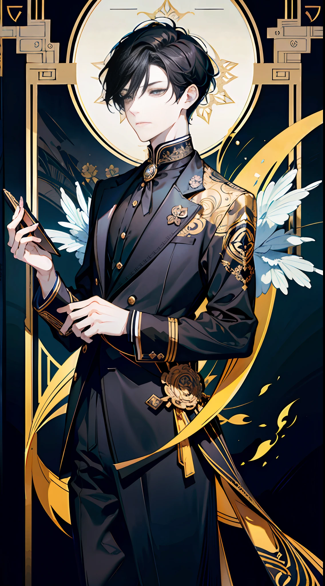 black-haired boy, short wavy hair, yellow eyes, regal attire, intricate character, design with ornate details, fantasy-realism, expressive face and body language, Delicate linework and shading techniques, elegance sophistication character portrayal, ((masterpiece quality)), (((absurdres, highres, ultra detailed))), light novel cover illustrated, medieval age fantasy