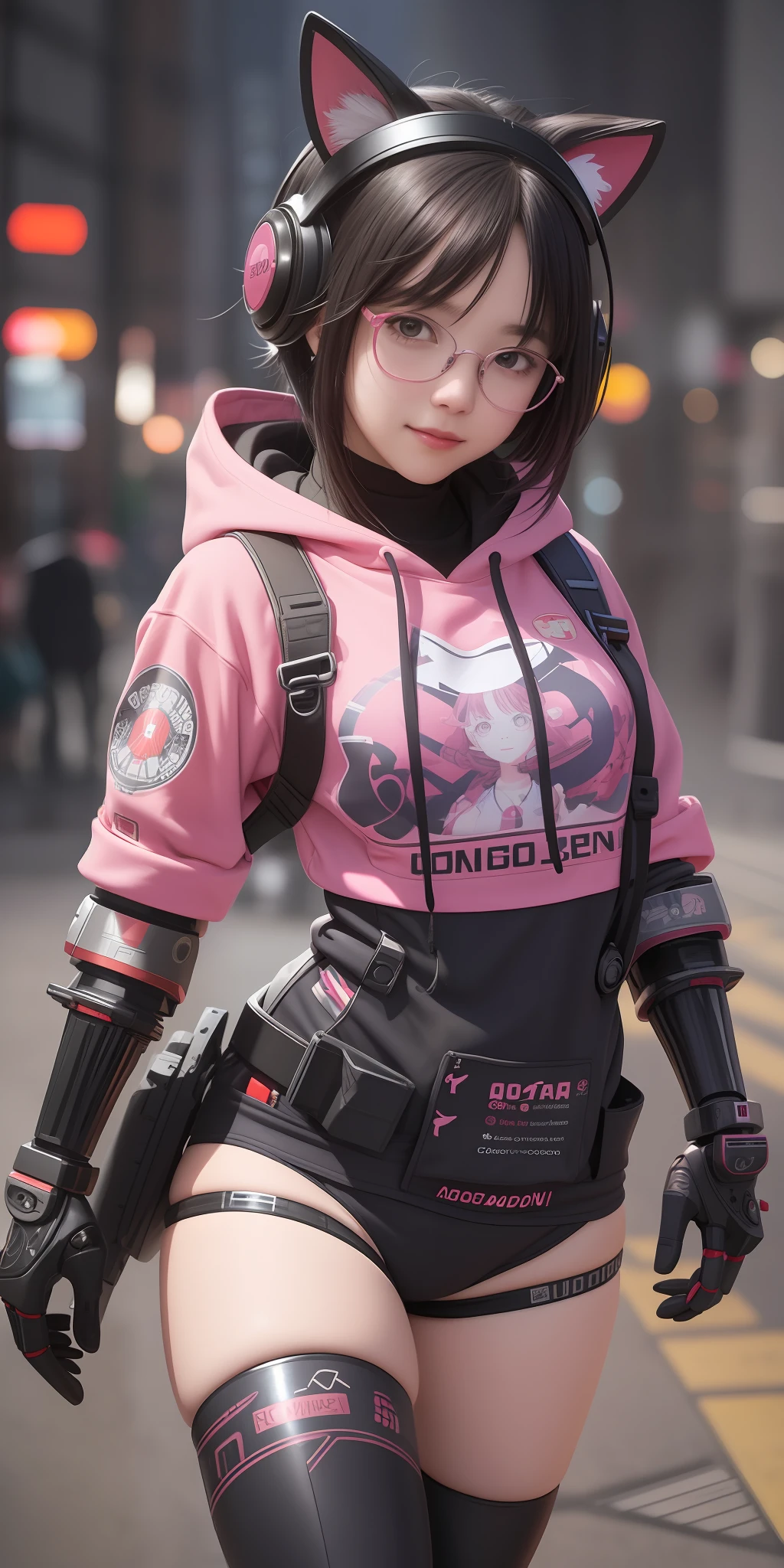 masterpiece, best quality, amazing, beautiful detailed eyes, a character portrait, cute face, smile, black hair and red streaked hair, a anime girl wearing a wearing round glasses in a pink camouflage Hoodie, robotic parts hand, heart pose, inspired by ((Robocosan, hololive)), by Makoto Shinkai, detailed texture, space art, explosions all around, a school in the background, Unreal Engine, trending on artstation
