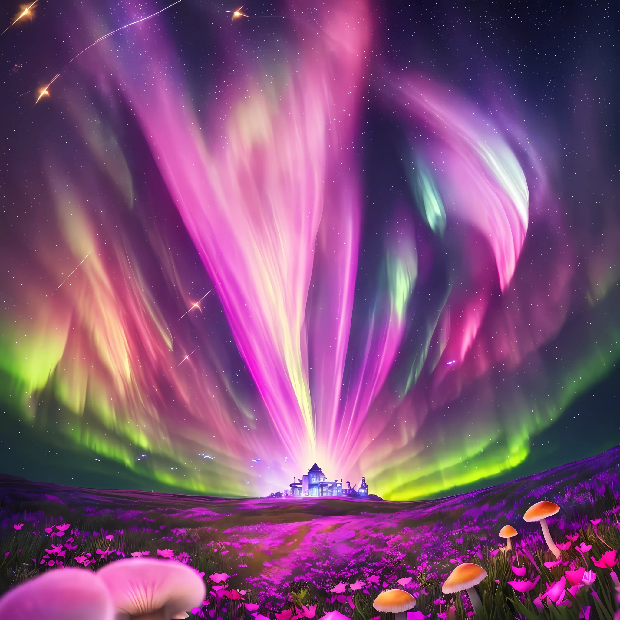 Computer, Extensive landscape ultrasound photography (general view showing a glass bottle, lighthouse, fly agaric mushrooms, flowers), glass, (detailed description of the northern lights), flower (ultra-detailed bottles), sky, northern lights (detailed), meteor shower (detailed), morning sky, (detailed), fireflies (1:3), (ultra-detailed description of appearance), burning lighthouse (crystals: 1,2), BREAK production art, (light light source:1.2), (Firefly:1.2), pink, sunny, fire particles, Colors, Complex Details, Volumetric Lighting, Realistic Fantasy BREAK (Masterpiece:1.2), (Best Quality), 4K, Ultra Detailed, (Dynamic Composition: 1.4), High Detailed, Colorful Details, (Dark Colors: 1.2), (Luminous Lighting, Atmospheric Lighting), Bright, Morning, Magical --auto --s2