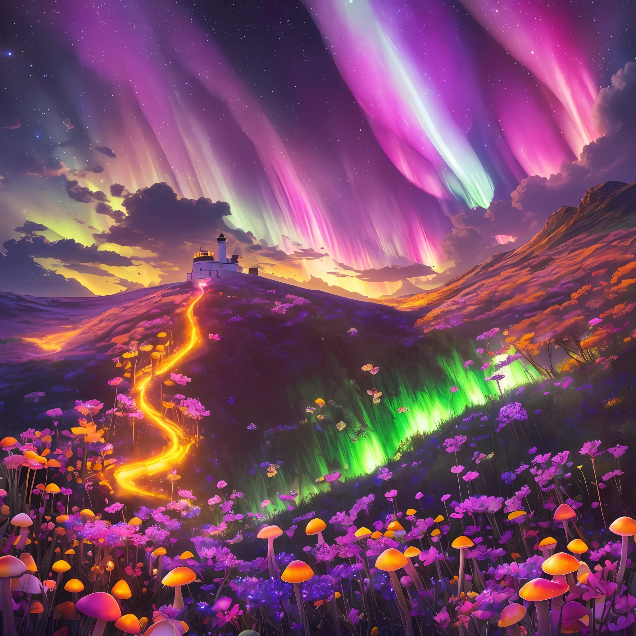 Computer, Extensive landscape ultrasound photography (general view showing a glass bottle, lighthouse, fly agaric mushrooms, flowers), glass, (detailed description of the northern lights), flower (ultra-detailed bottles), sky, northern lights (detailed), meteor shower (detailed), morning sky, (detailed), fireflies (1:3), (ultra-detailed description of appearance), burning lighthouse (crystals: 1,2), BREAK production art, (light light source:1.2), (Firefly:1.2), pink, sunny, fire particles, Colors, Complex Details, Volumetric Lighting, Realistic Fantasy BREAK (Masterpiece:1.2), (Best Quality), 4K, Ultra Detailed, (Dynamic Composition: 1.4), High Detailed, Colorful Details, (Dark Colors: 1.2), (Luminous Lighting, Atmospheric Lighting), Bright, Morning, Magical --auto --s2