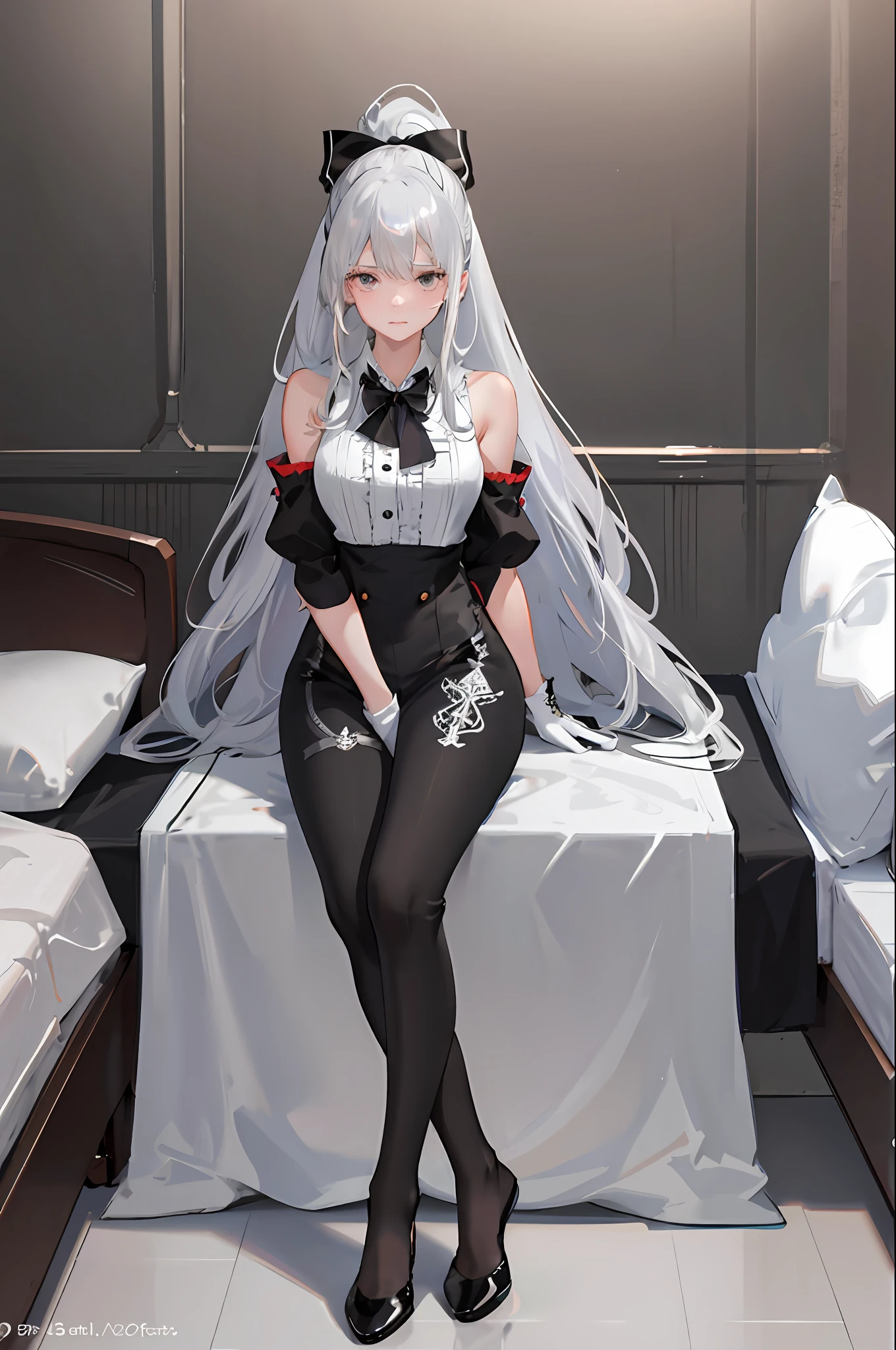 (1 girl)), ray tracing, (dim lighting), [detailed background (bedroom)), ((silver hair)), ((silver hair)), (silver hair), (fluffy silver hair, plump and slim girl)) with high ponytail))) Avoid blonde eyes in the ominous bedroom (((girl wears intricately embroidered black high-waisted pants with pantyhose) and white ruffled bow gloves), showing a delicate slender figure and graceful curves, correct limbs, sitting on the bed