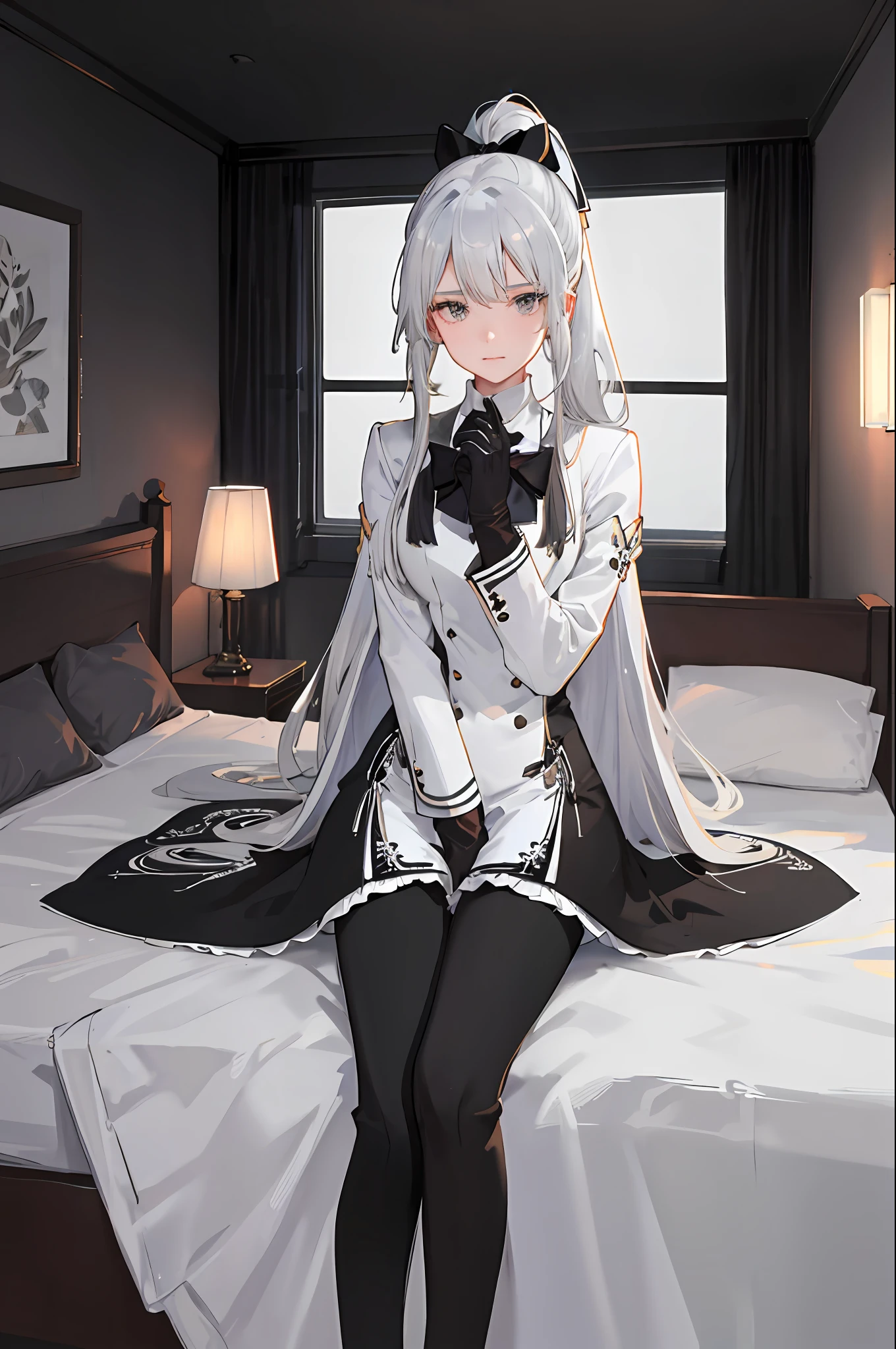 (1 girl)), ray tracing, (dim lighting), [detailed background (bedroom)), ((silver hair)), ((silver hair)), (silver hair), (fluffy silver hair, plump and slim girl)) with high ponytail))) Avoid blonde eyes in the ominous bedroom (((girl wears intricately embroidered black high-waisted pants with pantyhose) and white ruffled bow gloves), showing a delicate slender figure and graceful curves, correct limbs, sitting on the bed