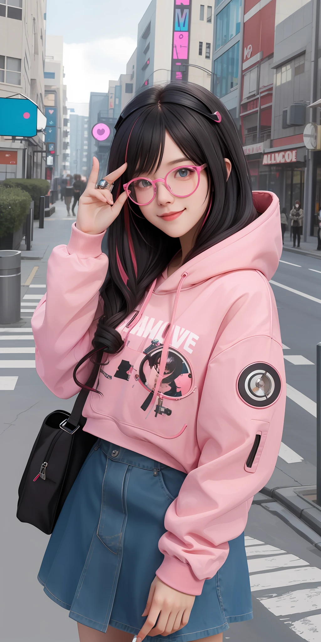 masterpiece, best quality, amazing, beautiful detailed eyes, a character portrait, cute face, smile, black hair and red streaked hair, a anime girl wearing a wearing round glasses in a pink camouflage Hoodie, robotic parts hand, heart pose, inspired by ((Robocosan, hololive)), by Makoto Shinkai, detailed texture, space art, explosions all around, a school in the background, Unreal Engine,