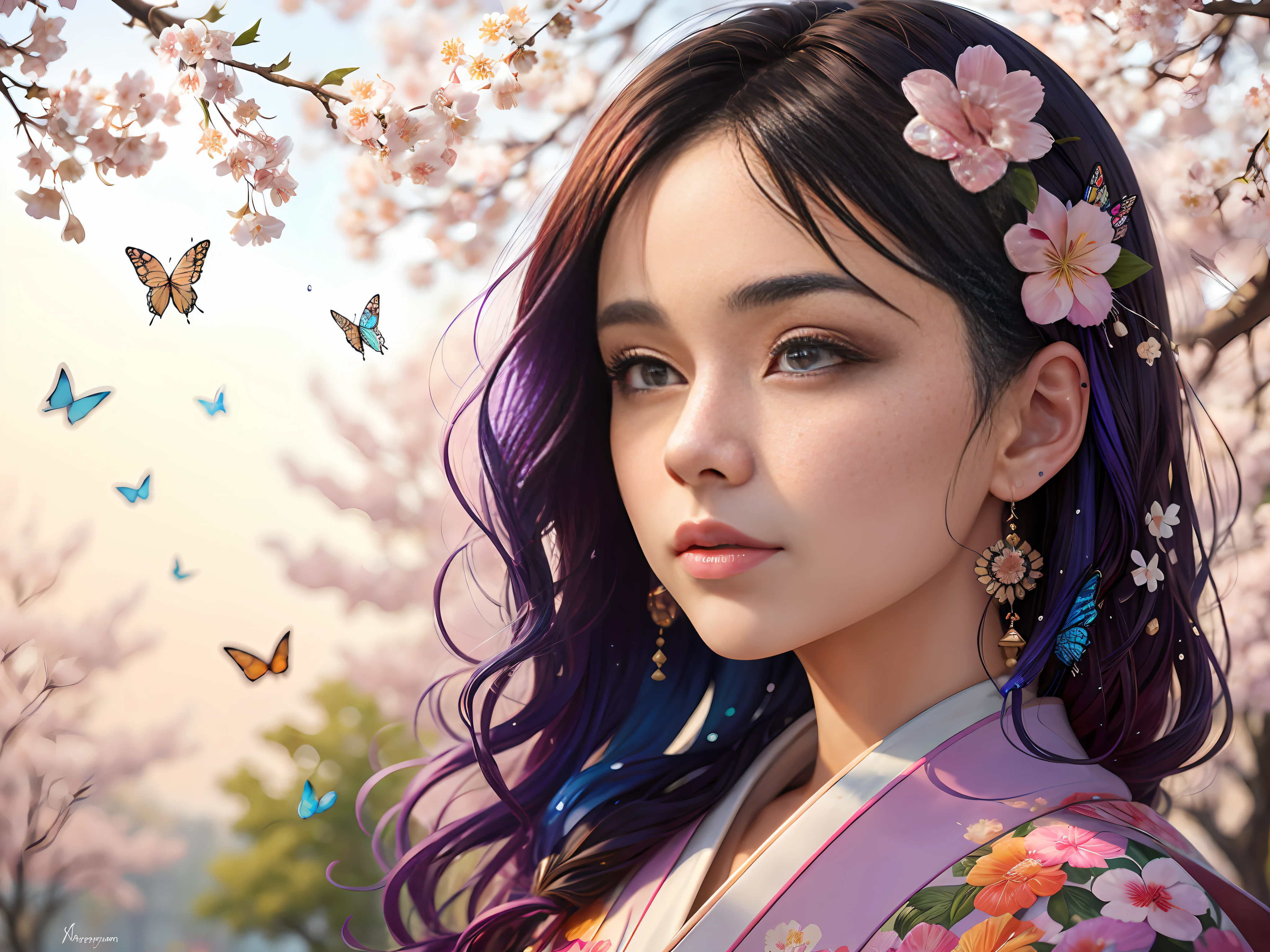 shukezouma, octane render, hdr, (hyperdetailed:1.15), (soft light, sharp:1.2), 1girl, beautiful girl, ultra detailed eyes, mature, plump, thick, painting drops, paint teardrops, woman made up from paint, entirely paint, splat, splash, long colored hair, kimono made from paint, ultra detailed texture kimono, paint kimono, paint bulb, paint drops, (hair ornaments, earrings, flowers hair ornaments, butterflies hair ornaments), outdoors, sakura trees