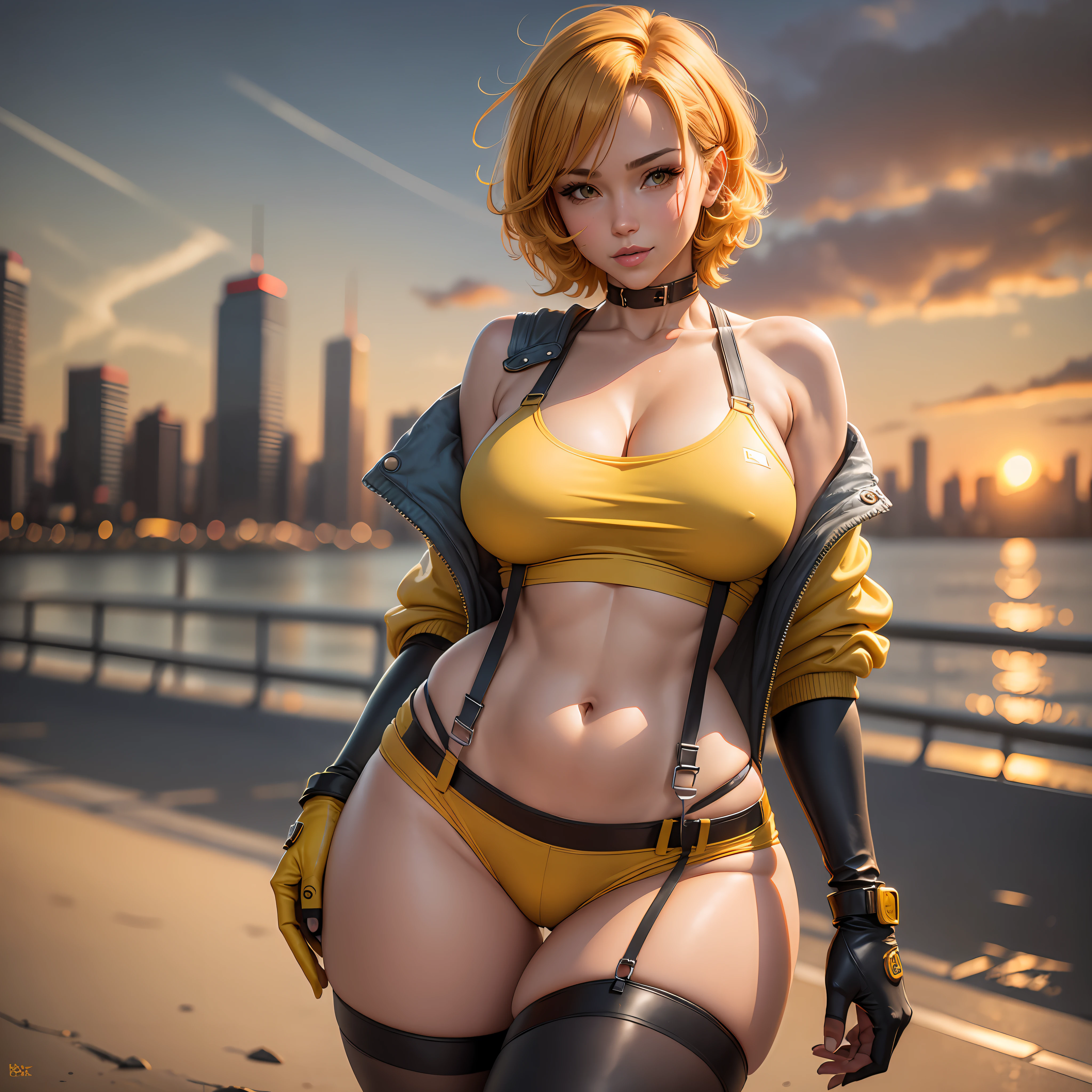 1girl, breasts, yellow bikini, navel, sunset, cloud, thighhighs, cloudy sky, covered, collarbone, orange sky, sky, solo, looking at viewer, thighs, huge breasts, green eyes, yellow shorts, yellow dress, thick thighs, parted lips, cleavage, bare shoulders, black hair, ocean, short hair, abs, highleg, yellow shirt, shorts, short shorts, yellow hairband, yellow jacket, dusk, curvy, outdoors, lips, lip biting, skirt, highleg panties, standing, areolae, forehead, areola slip, stomach, off shoulder, cityscape, suspenders, gradient sky, horizon, black legwear, gloves, blush, biting, cowboy shot, smile, skindentation, toned, orange sweater, mature female, yellow gloves, wide hips, swimsuit, twilight, Fay Valentine from cowboy bebop, Fay --auto --s2