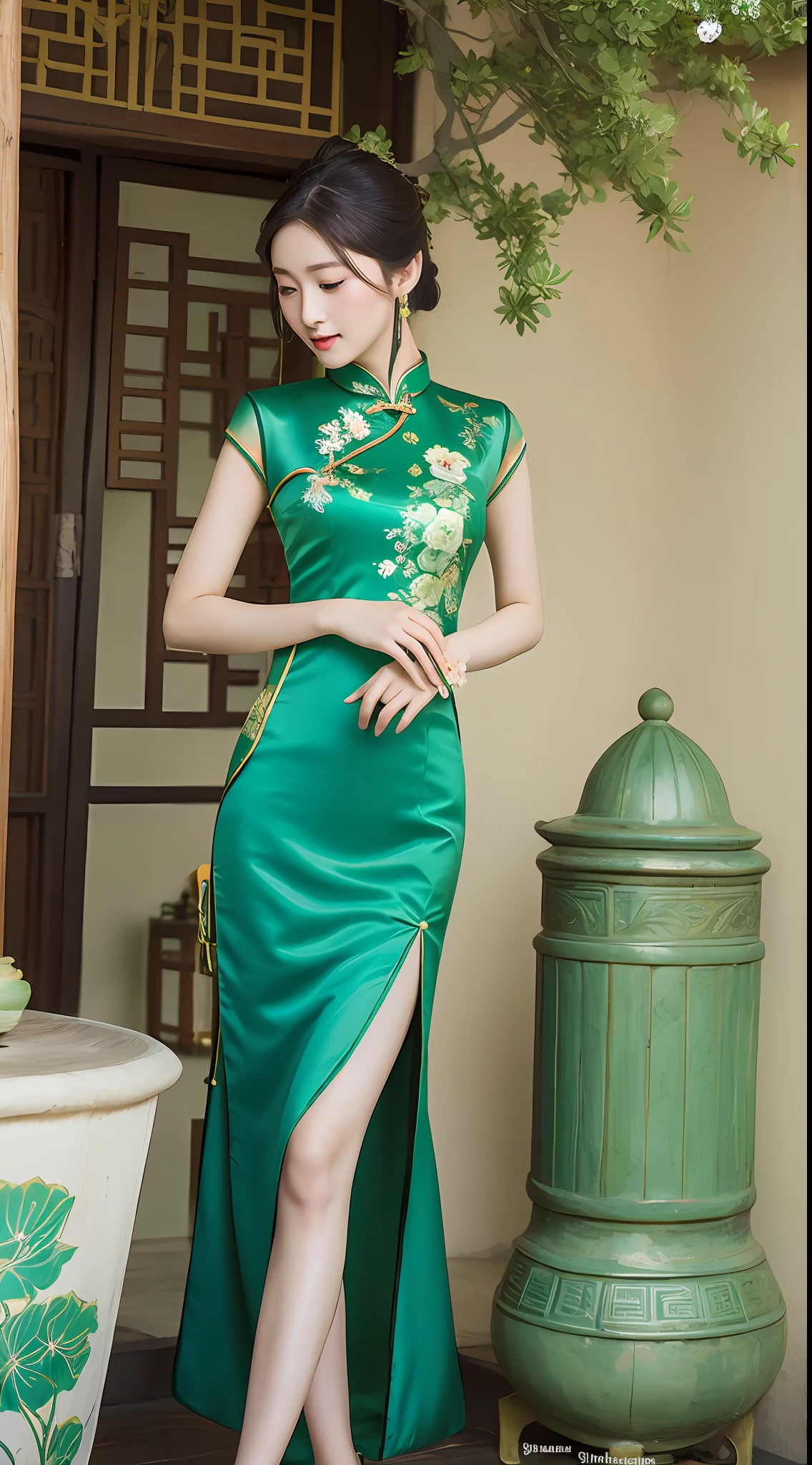 A woman in a green dress, long legs, perfect chest, holding a lady's folding fan, lotus flowers painted on the fan, traditional Chinese clothing, cheongsam, Hanfu, wearing a blue cheongsam dress, traditional Thai clothing, soft green, with ancient Chinese aesthetics, traditional women, outdoor, no watermark,