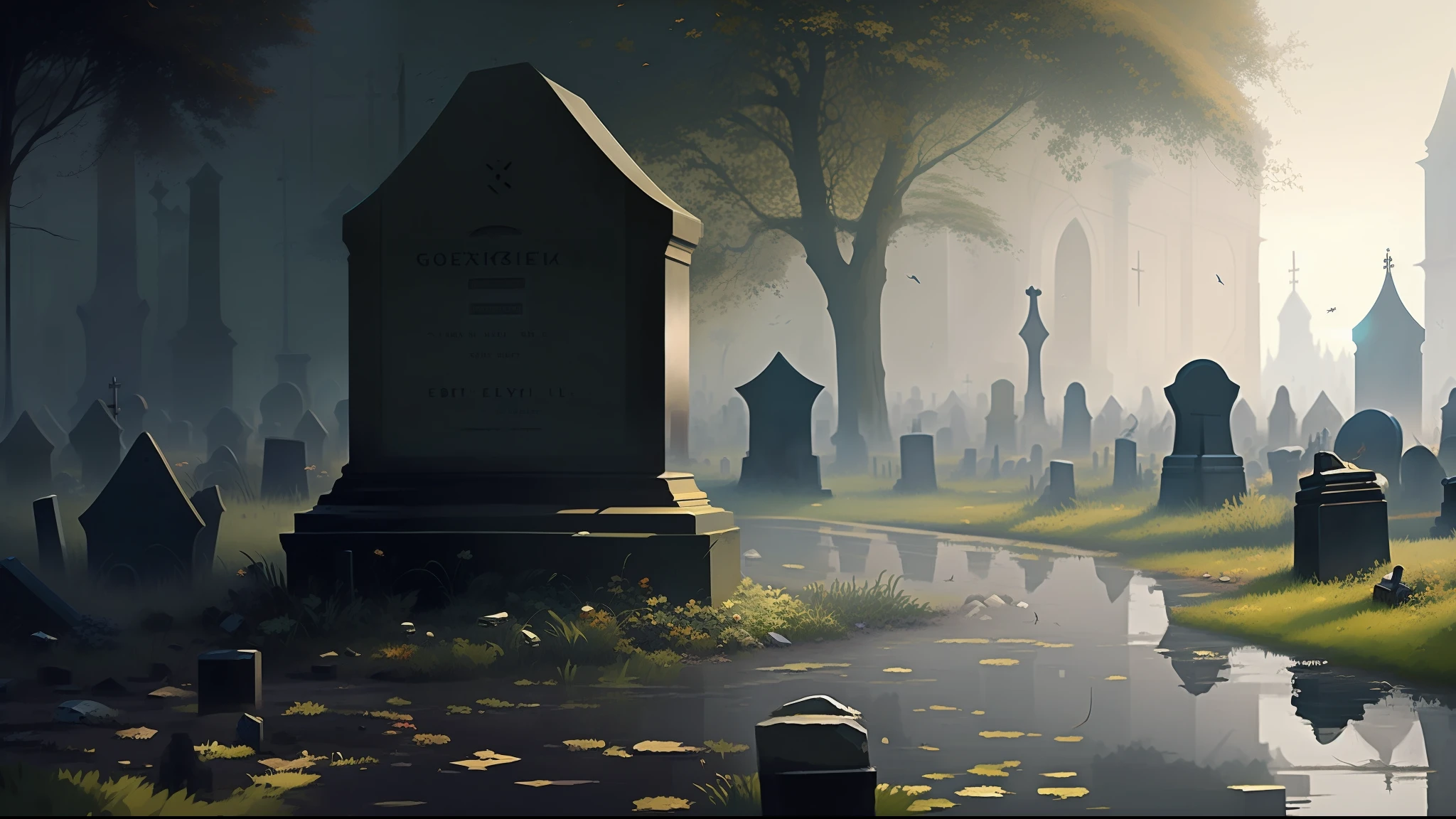 there is a cemetery with a lot of tombstones in the background, alexey egorov, by Eglon van der Neer, bussiere rutkowski andreas rocha, eerie nostalgic concept art, background artwork, by Otakar Kubín, martin raphael lacoste, graveyard landscape, graveyard background, graveyard, cemetery, stefan koidl inspired
