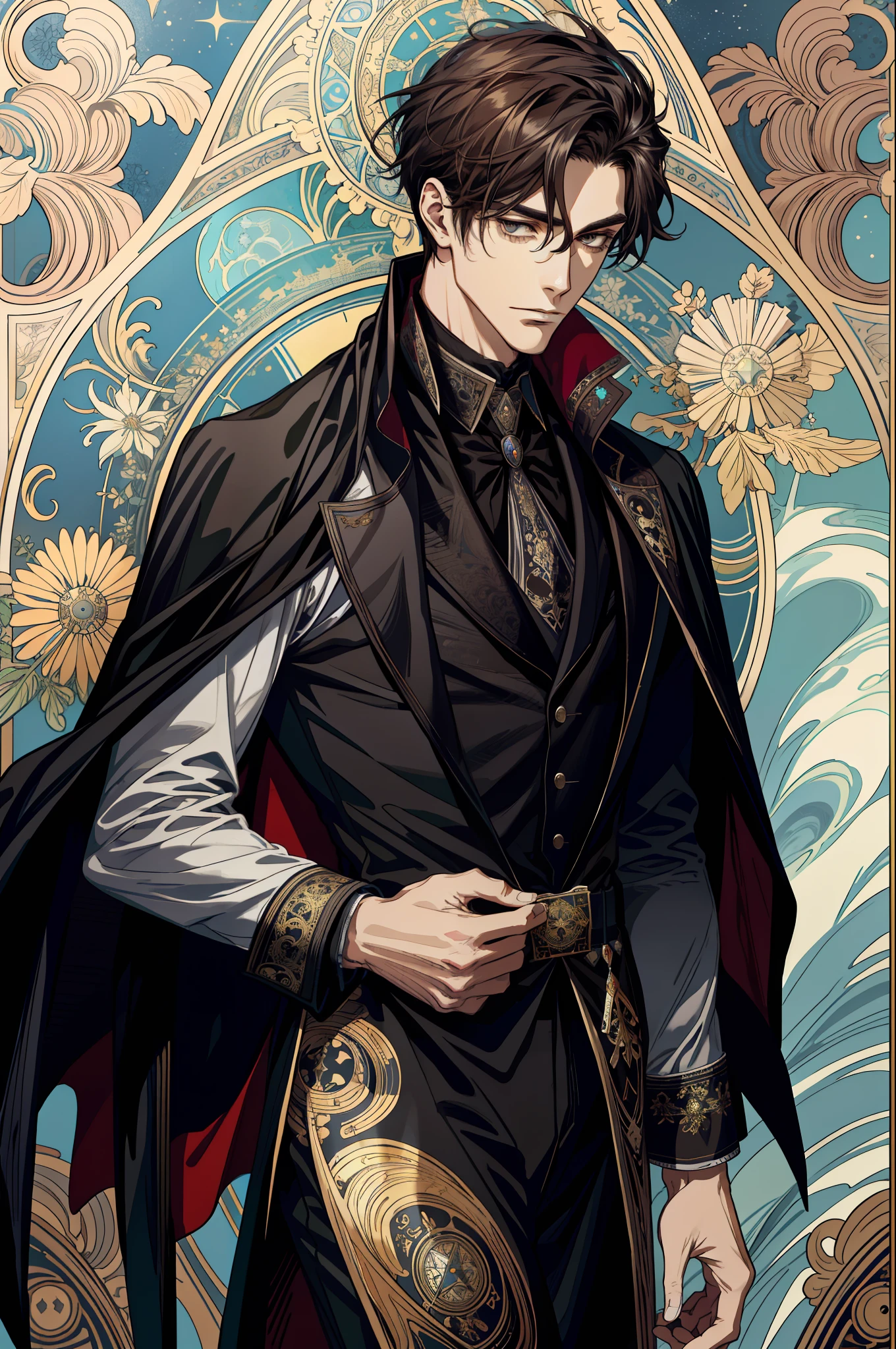 (absurd, high resolution, super detailed), 1 male, black eyes, brown hair, scholarly temperament, all black formal wear, Victorian clothing, black cape, (cold beauty: 1.2), cat-like temperament, adult, handsome, thin man, broad shoulders, fine eyes and detailed face, fool\tarot card\, fool, clown, symbolism, visual arts, occult, universal, visual projection, philosophy, iconography, numerology, pop, art, alfonse mucha