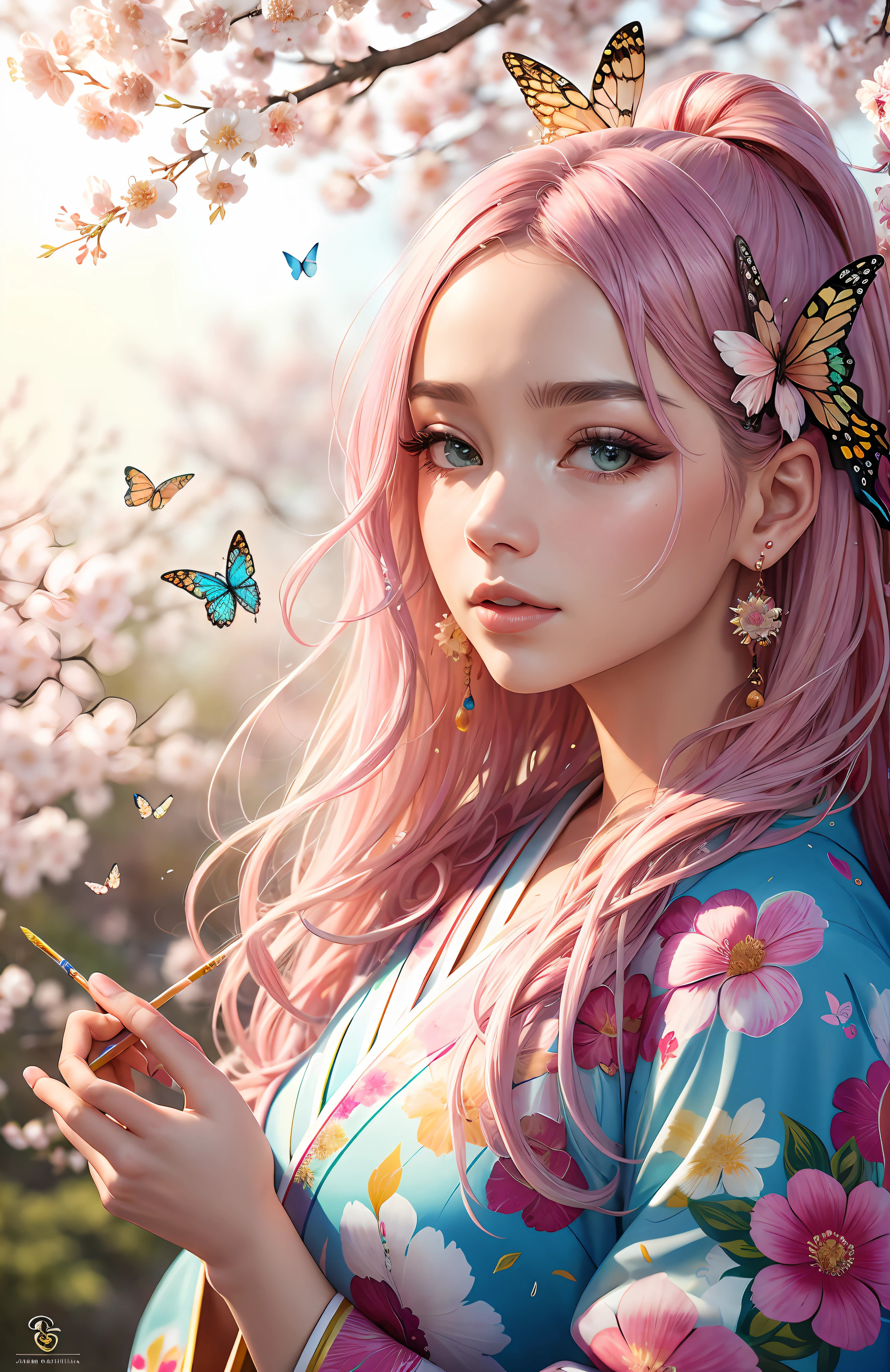 shukezouma, octane render, hdr, (hyperdetailed:1.15), (soft light, sharp:1.2), 1girl, beautiful girl, ultra detailed eyes, mature, plump, thick, painting drops, paint teardrops, woman made up from paint, entirely paint, splat, splash, long colored hair, kimono made from paint, ultra detailed texture kimono, paint kimono, paint bulb, paint drops, (hair ornaments, earrings, flowers hair ornaments, butterflies hair ornaments), outdoors, sakura trees