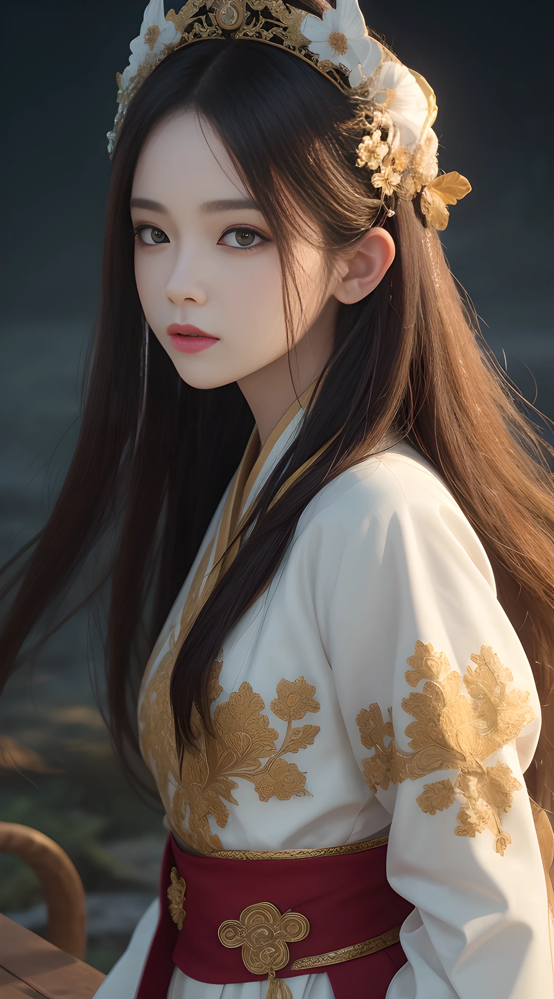 Masterpiece, Best Quality, Rich Detail, Real Skin: 1.8, Realism: 1.3, Pale Skin), (8k, RAW photo: 1.2), Best Quality, Ultra High Res, Dramatic Angle, (fluttered detailed color splashes), (illustration), (((1 girl))), (Long hair), ( rain:0.9), (headdress: 1.4), there is an ancient palace next to the girl, Hanfu, (emphasis), color ink painting, (splash color), splash color, (((colorful))), (sketch: 0.8), Masterpiece, best quality, beautiful painted, highly detailed, (denoising:0.6), [splash ink], ((ink refraction)), (beautiful detailed sky), moon, highly, detailed, (masterpiece, best quality, extremely detailed) CG unity 8k wallpaper, masterpiece, best quality, super detailed), (garlic),