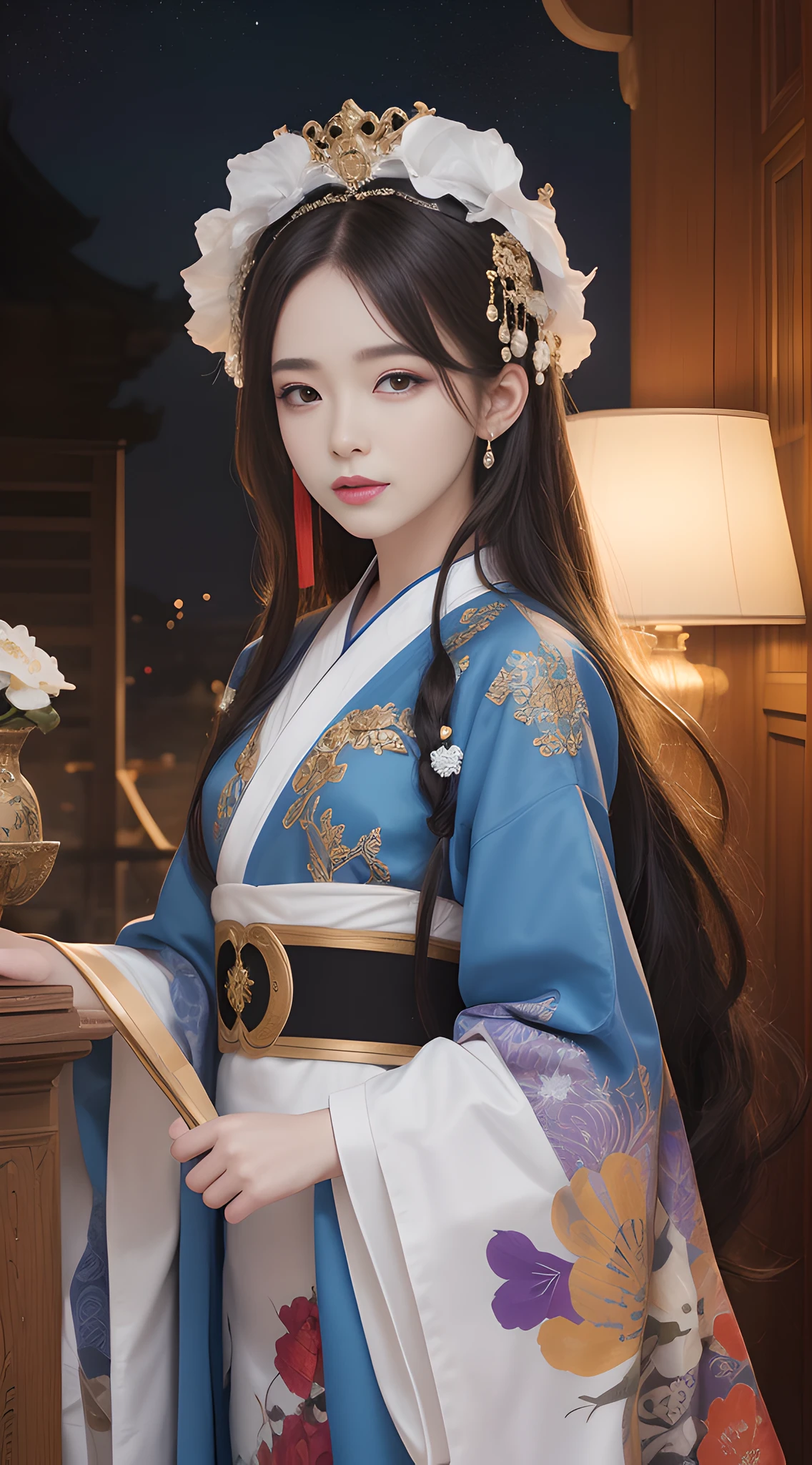 Masterpiece, Best Quality, Rich Detail, Real Skin: 1.8, Realism: 1.3, Pale Skin), (8k, RAW photo: 1.2), Best Quality, Ultra High Res, Dramatic Angle, (fluttered detailed color splashes), (illustration), (((1 girl))), (Long hair), ( rain:0.9), (headdress: 1.4), there is an ancient palace next to the girl, Hanfu, (emphasis), color ink painting, (splash color), splash color, (((colorful))), (sketch: 0.8), Masterpiece, best quality, beautiful painted, highly detailed, (denoising:0.6), [splash ink], ((ink refraction)), (beautiful detailed sky), moon, highly, detailed, (masterpiece, best quality, extremely detailed) CG unity 8k wallpaper, masterpiece, best quality, super detailed), (garlic),