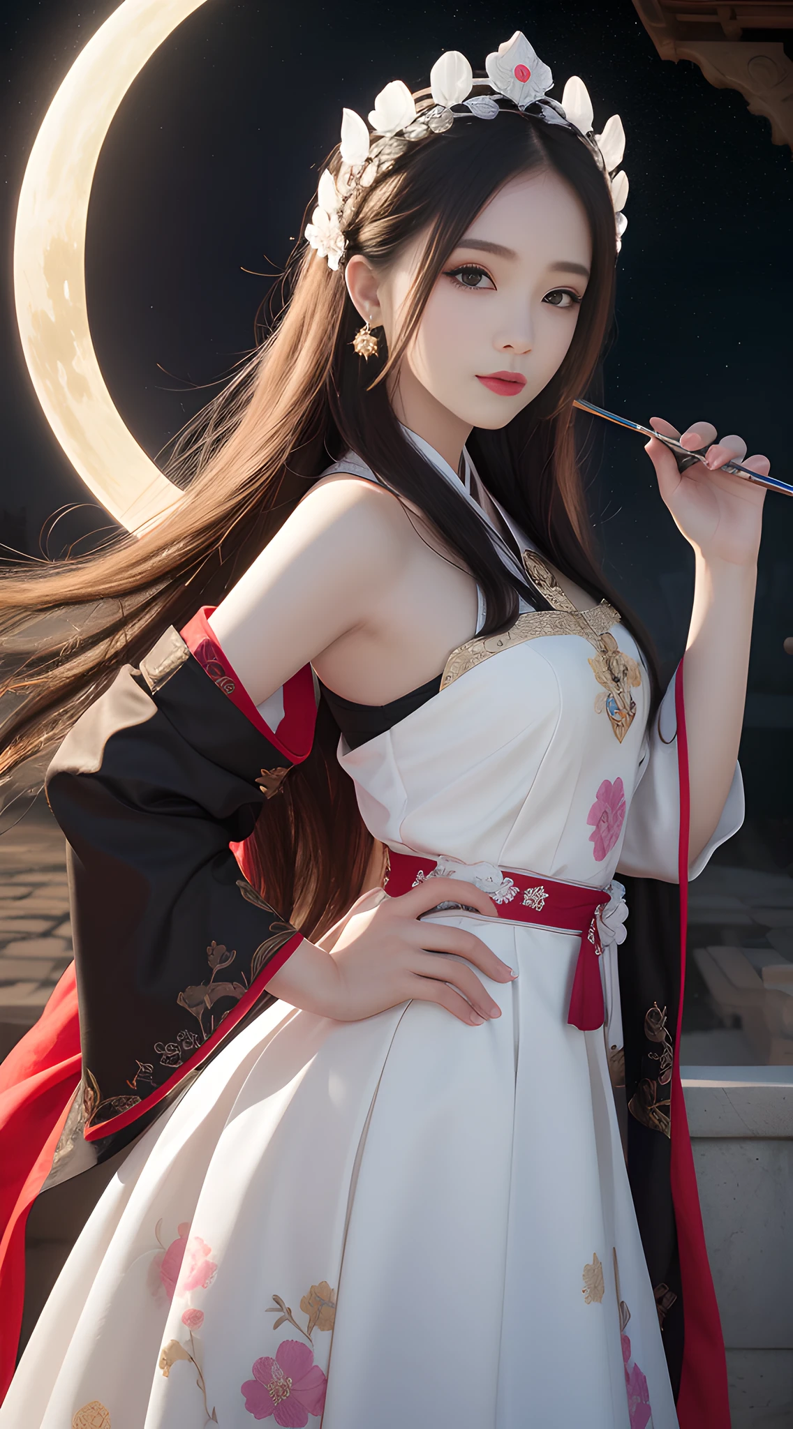 Masterpiece, Best Quality, Rich Detail, Real Skin: 1.8, Realism: 1.3, Pale Skin), (8k, RAW photo: 1.2), Best Quality, Ultra High Res, Dramatic Angle, (fluttered detailed color splashes), (illustration), (((1 girl))), (Long hair), ( rain:0.9), (headdress: 1.4), there is an ancient palace next to the girl, Hanfu, (emphasis), color ink painting, (splash color), splash color, (((colorful))), (sketch: 0.8), Masterpiece, best quality, beautiful painted, highly detailed, (denoising:0.6), [splash ink], ((ink refraction)), (beautiful detailed sky), moon, highly, detailed, (masterpiece, best quality, extremely detailed) CG unity 8k wallpaper, masterpiece, best quality, super detailed), (garlic),