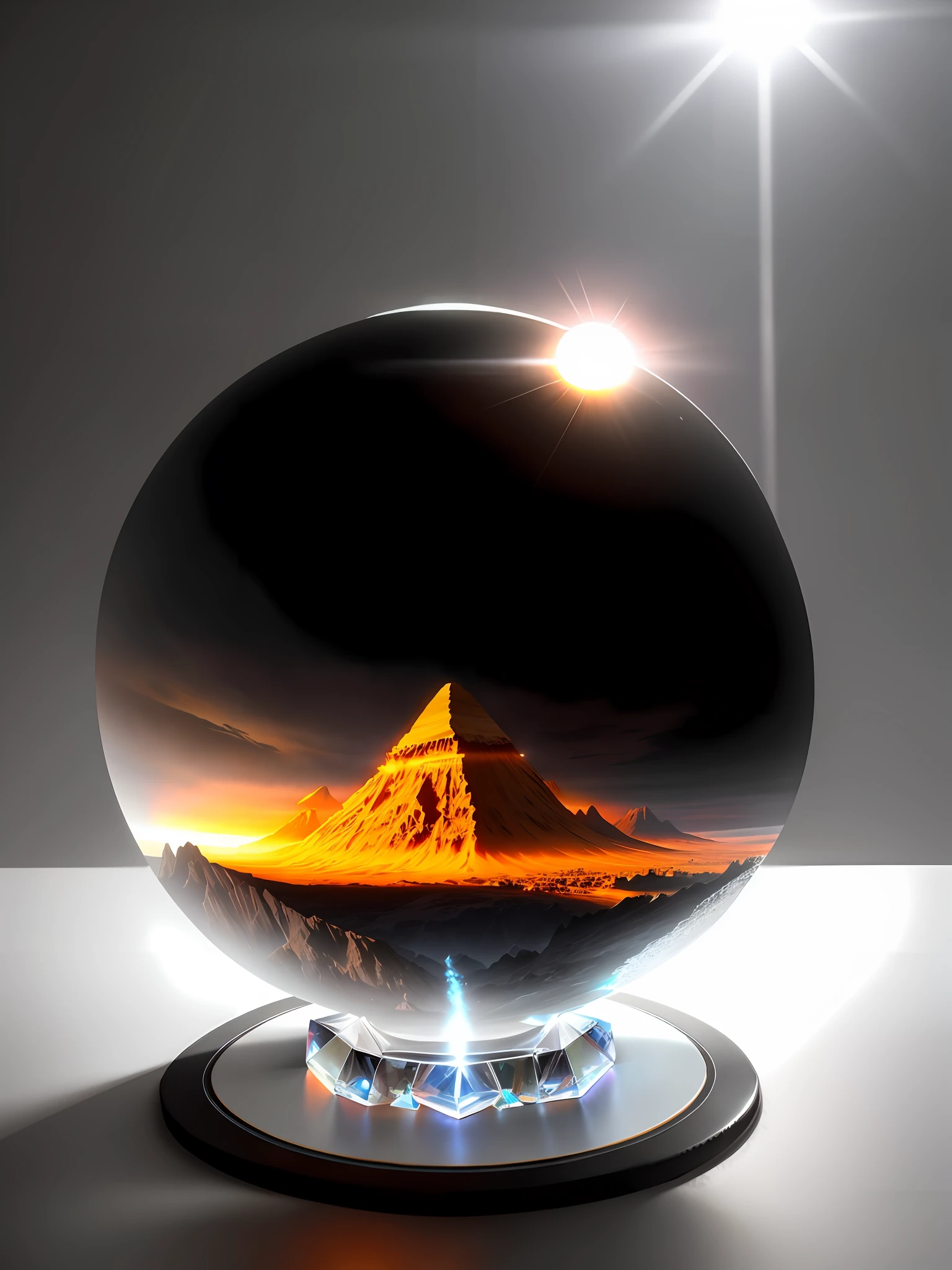 fog, artistic, fantastic, hyperrealism, 16K high resolution, Unreal Engine, soft light, (volcanic eruption trapped in crystal sphere: 1.4), (Max Sharp focus: 1.4), (Crystal sphere with pedestal on urban table: 1.3), Backlight ,Crystal ball reflecting the future
