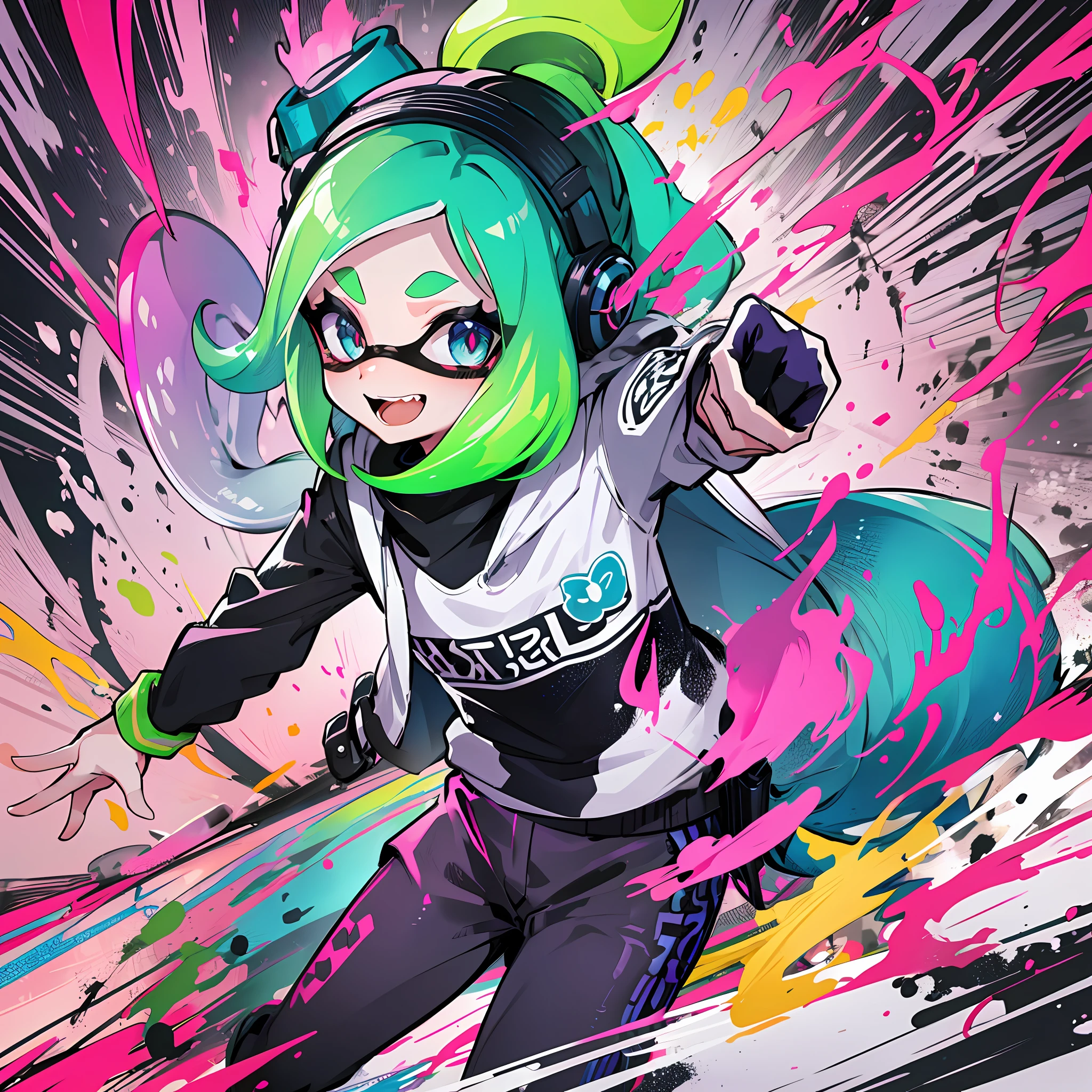 best quality, colorful, vibrant splatoon character on a pure white background, high resolution details, dynamic and lively pose, sparkling eyes, attention-grabbing ink splatters, fun and energetic.