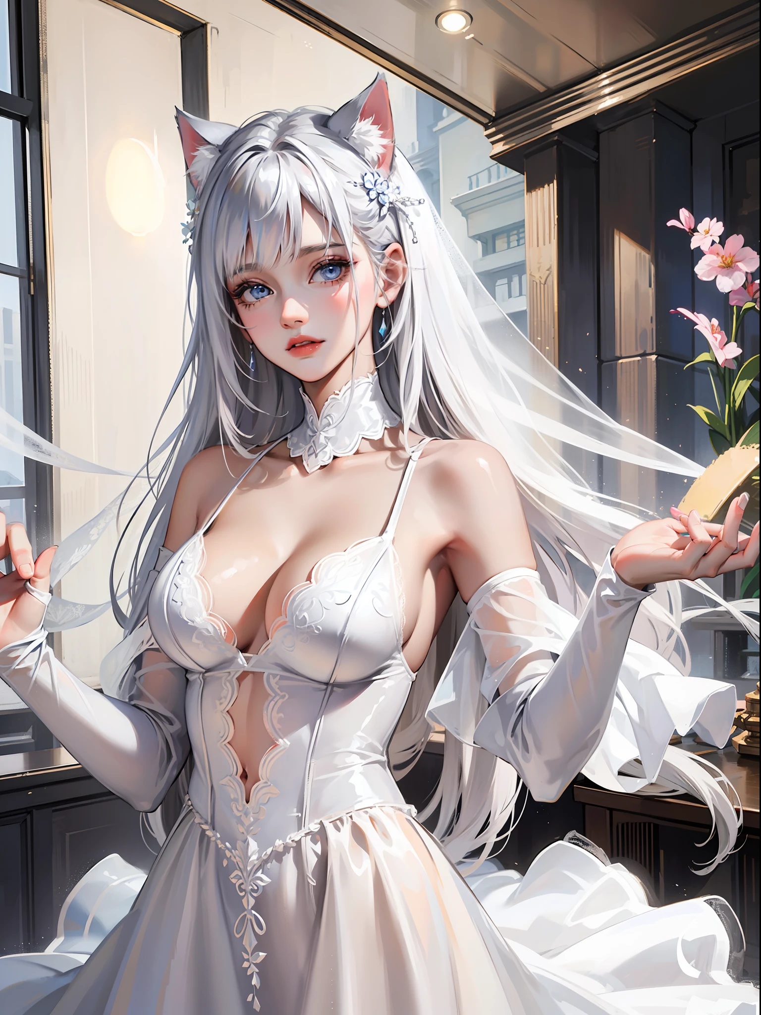 best quality, masterpiece, highly detailed, 1girl, solo, Transparent white skin, mature woman, sister, close to viewer, White hair, silver hair, bare shoulder, Shoulderless Dresses, wedding dress, white dress, white lace dress, white lace long skirt, elbow gloves, cat ears, rational, bangs, very long hair, light smile, streaked hair, beautiful silver long hair girl, blue eyes, light pink lips, large breasts, delicate face, delicate hands, calm, flower background, petal dancing