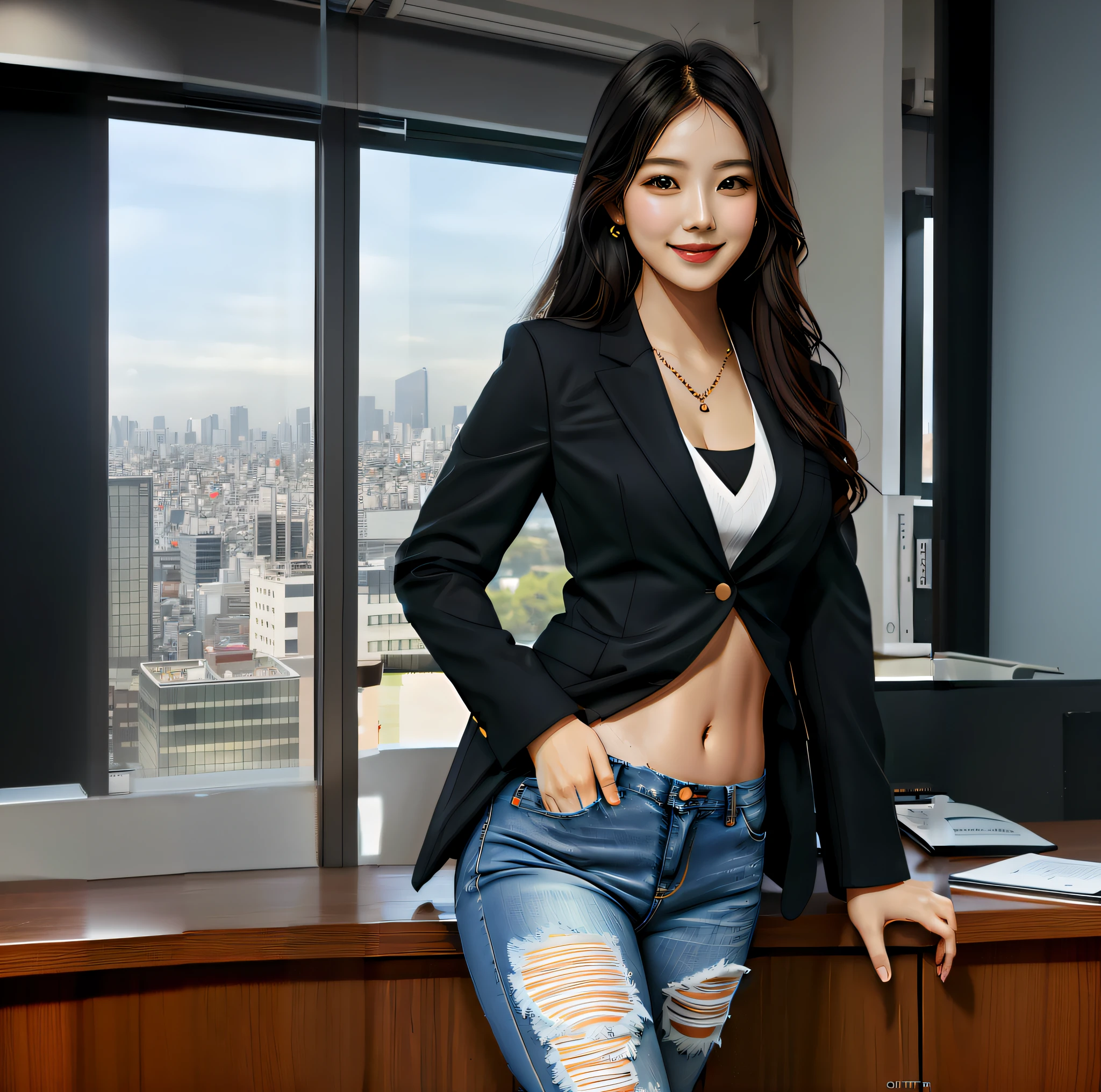 arafed woman in a black jacket and jeans posing for a picture, korean women's fashion model, gorgeous young korean woman, beautiful south korean woman, beautiful young korean woman, photo of slim girl model, korean girl, portrait of female korean idol, korean woman, wearing business suit, female actress from korea, photo of slim girl, wearing black business suit