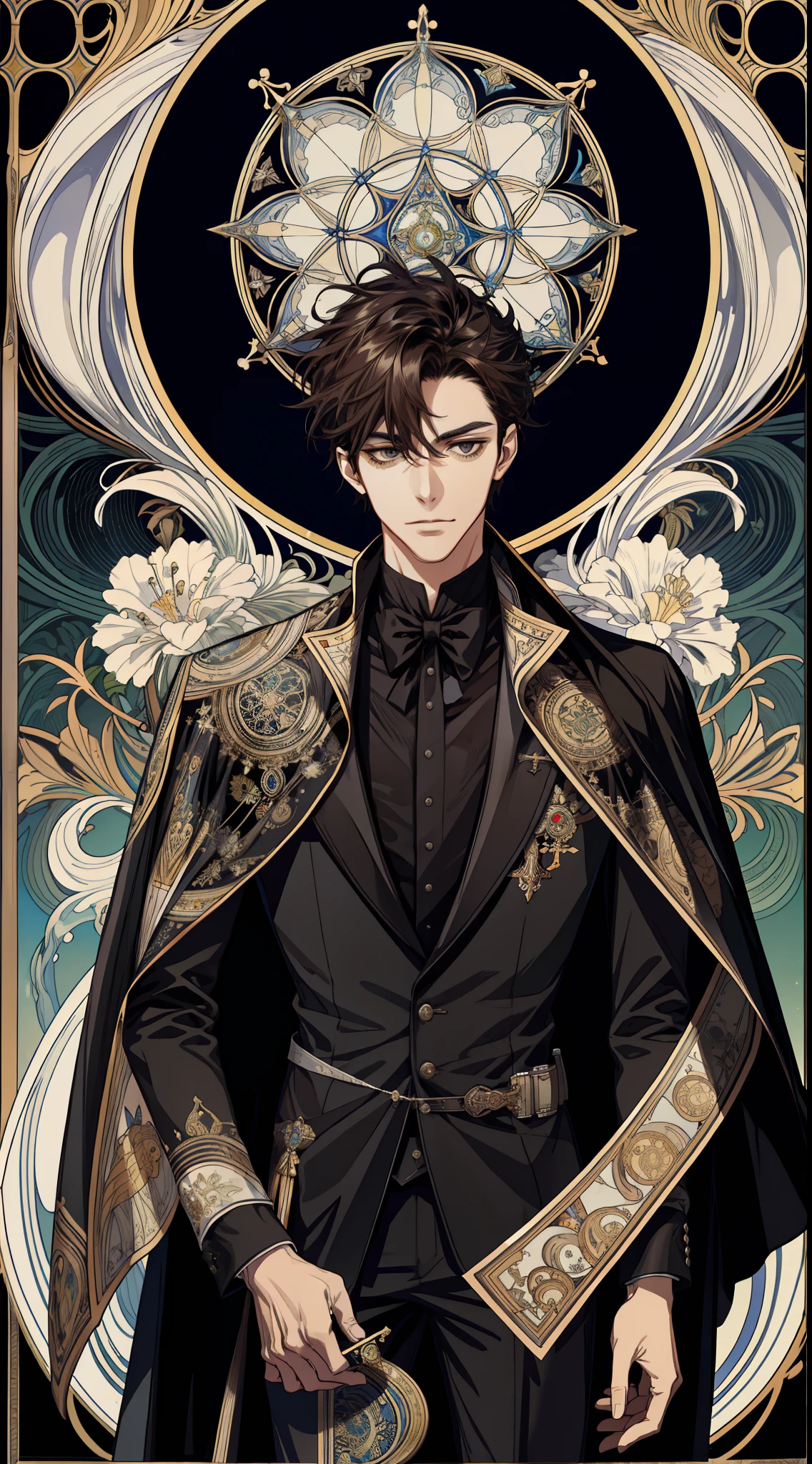 (absurd, high resolution, super detailed), 1 male, black eyes, brown hair, scholarly temperament, all black formal wear, Victorian clothing, black cape, (cold beauty: 1.2), cat-like temperament, adult, handsome, thin man, broad shoulders, fine eyes and detailed face, fool\tarot card\, fool, clown, symbolism, visual arts, occult, universal, visual projection, philosophy, iconography, numerology, pop, art, alfonse mucha