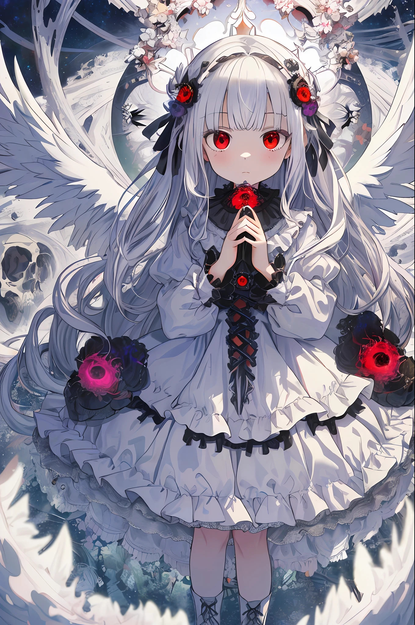 (masterpiece, absurd quality, best quality, official art, beautiful and aesthetic:1.2), (1 girl:1.4), extreme detailed, (fractal art:1.3), colorful, highest detailed, vivid color, from above,
angel, albino, babyf hugging the skull,
dark light, fluffy white frilly dress, white lace-up short boots, fluffy angel wings, pure white long hair, beautiful detailed red eyes, glaring at viewer, lots of skulls,