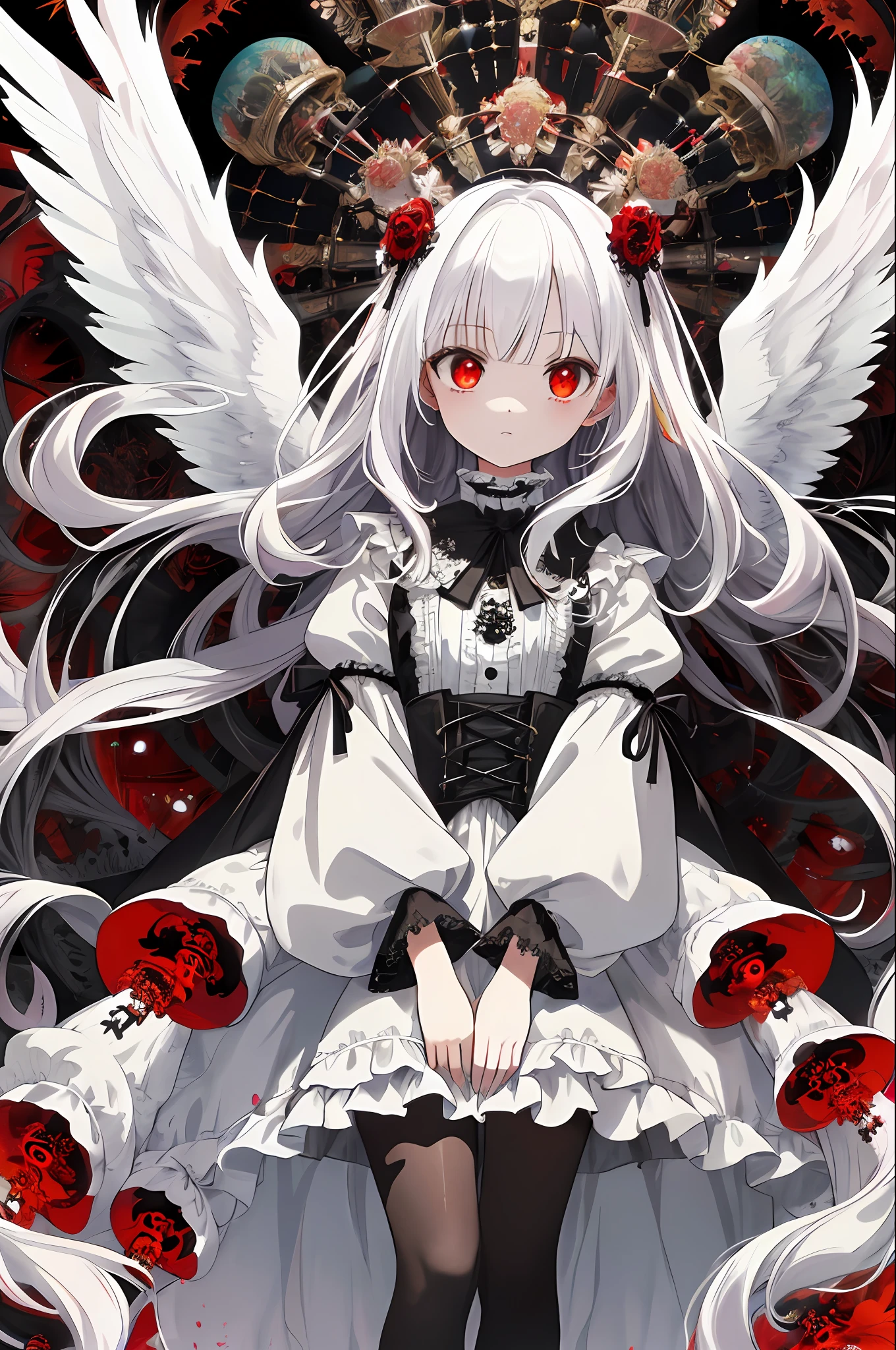 (masterpiece, absurd quality, best quality, official art, beautiful and aesthetic:1.2), (1 small girl:1.4), extreme detailed, (fractal art:1.3), colorful, highest detailed, vivid color, from above,
angel, albino, babyface, hugging the skull,
dark light, fluffy white frilly dress, white lace-up short boots, fluffy angel wings, pure white long hair, beautiful detailed red eyes, glaring at viewer, lots of skulls,