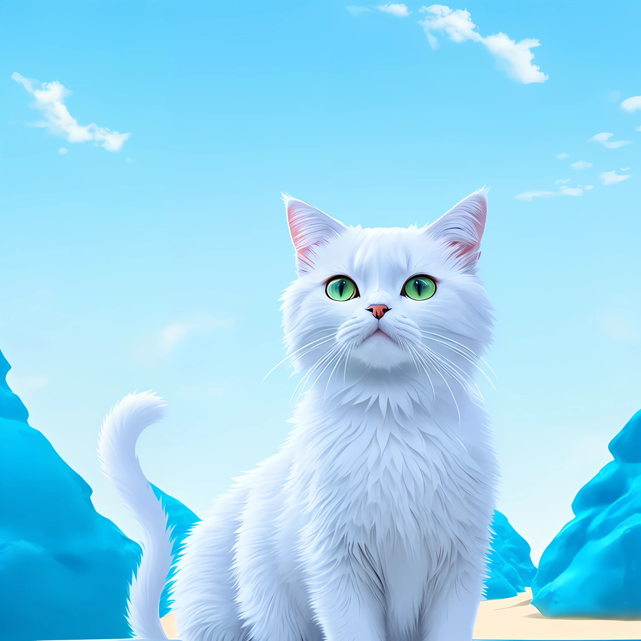 According to the shape of the cat in the picture, redraw the image of the cat so that it has a real texture of hair, retain the posture in the picture, and the background can be replaced with a beach blue sky