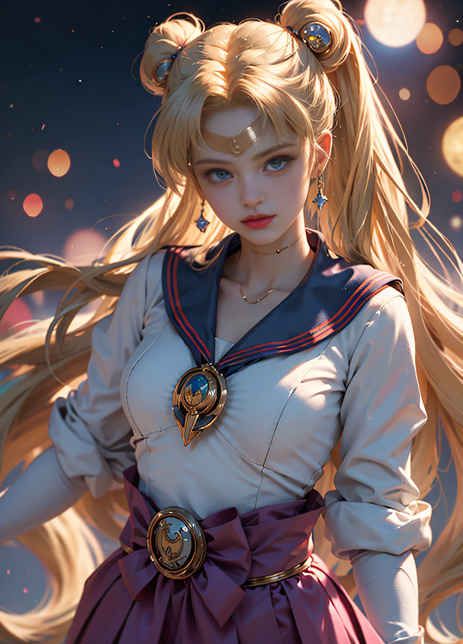 ((Masterpiece)), (Best Quality), (Ultra Detailed), ((Very Detailed)), 4K, (8K), Sailor Moon, Long Blonde Hair, Double Ponytail, Sailor Moon Aesthetics, Dream Core,