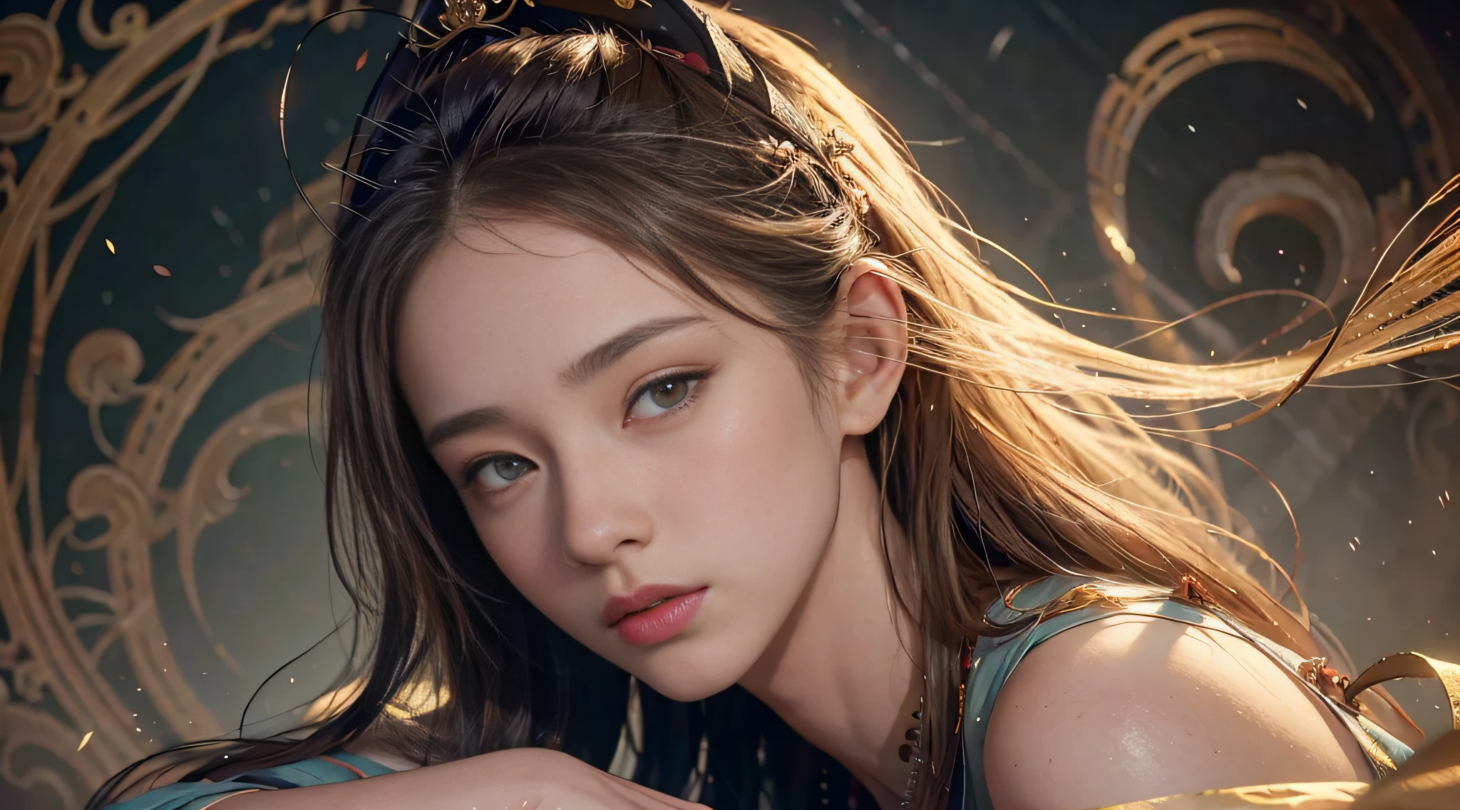 (RAW Photo, Best Quality), (Realistic, Photo Realistic: 1.3), Best Quality, Highly Detailed, Masterpiece, Hyperdetail, Illustration, 1 Girl, Forehead with Painting, upper_body, Dynamic Angle, World Masterpiece Theater, messy_long_hair, Best Quality, Extremely Detailed CG Unified 8k Wallpaper, Ink, Amazing, Cinematic Lighting, lens_flare,dunhuang_style