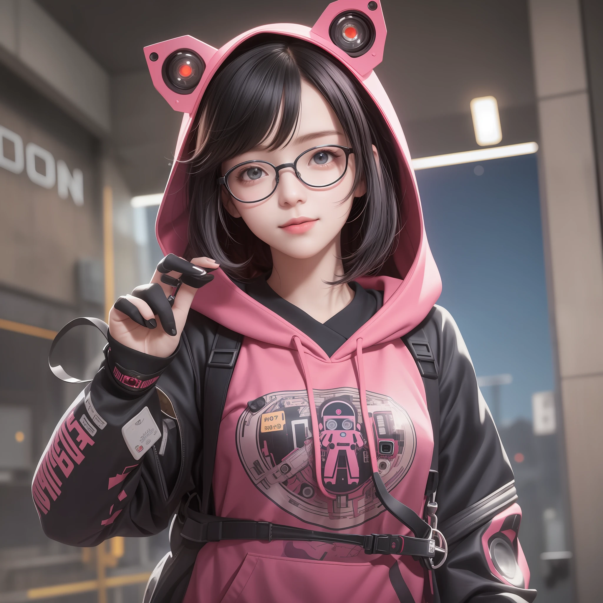 masterpiece, best quality, amazing, beautiful detailed eyes, a character portrait, cute face, smile, black hair and red streaked hair, a anime girl wearing a wearing round glasses in a pink camouflage Hoodie, robotic parts hand, heart pose, inspired by ((Robocosan, hololive)), by Makoto Shinkai, detailed texture, space art, explosions all around, a school in the background, Unreal Engine, trending on artstation