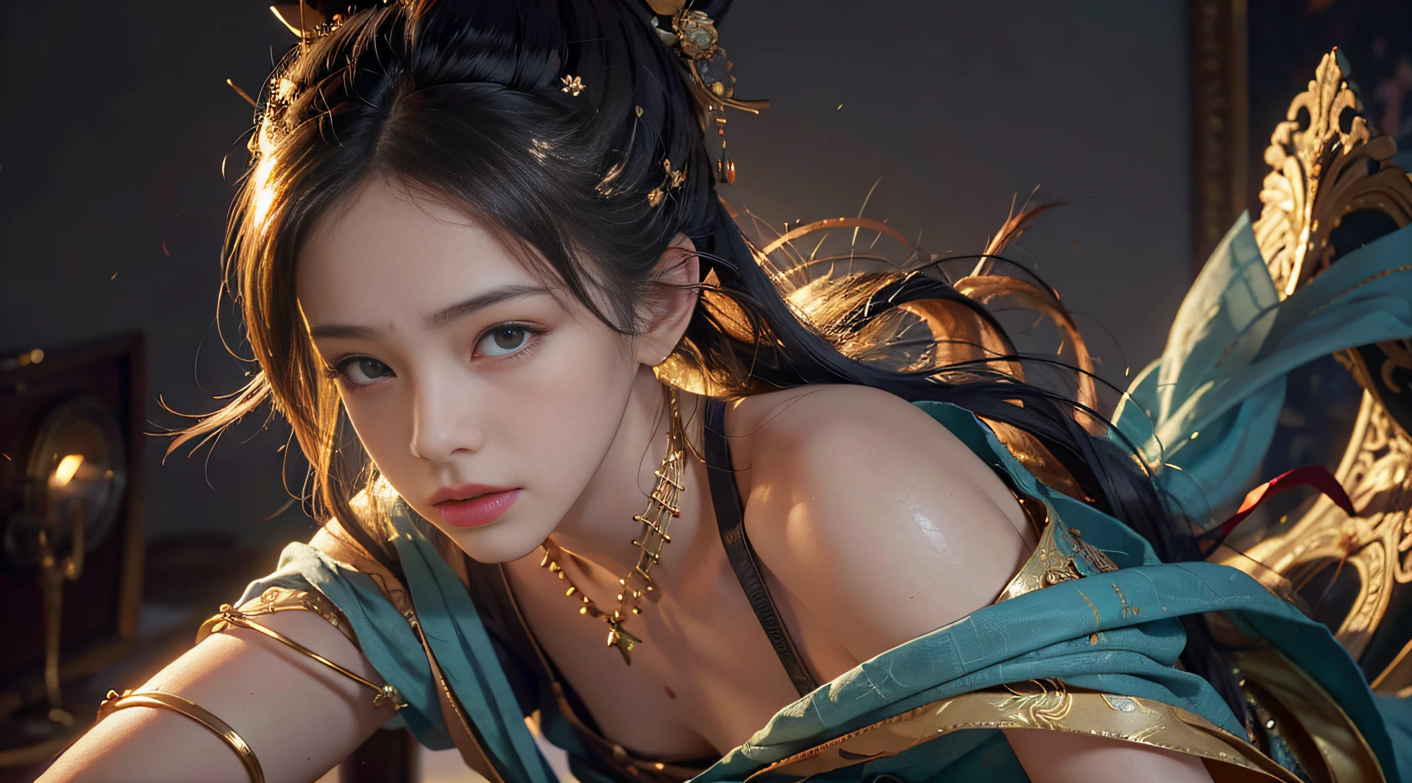 (RAW Photo, Best Quality), (Realistic, Photo Realistic: 1.3), Best Quality, Highly Detailed, Masterpiece, Hyperdetail, Illustration, 1 Girl, Forehead with Painting, upper_body, Dynamic Angle, World Masterpiece Theater, messy_long_hair, Best Quality, Extremely Detailed CG Unified 8k Wallpaper, Ink, Amazing, Cinematic Lighting, lens_flare,dunhuang_style