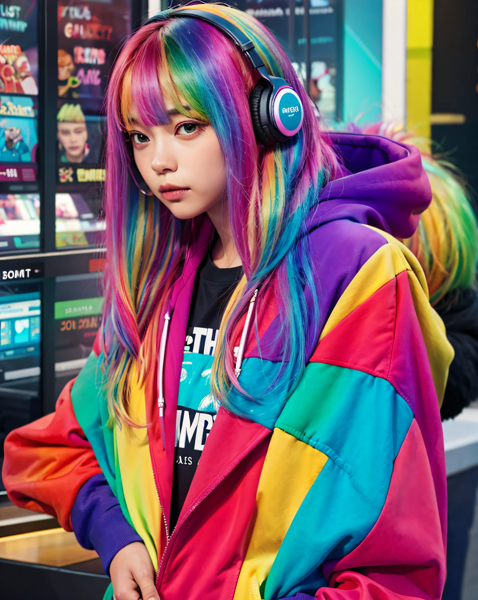 1girl,solo,rainbow hair, hoodie,straight hair, hand in pocket, headphones, long hair,