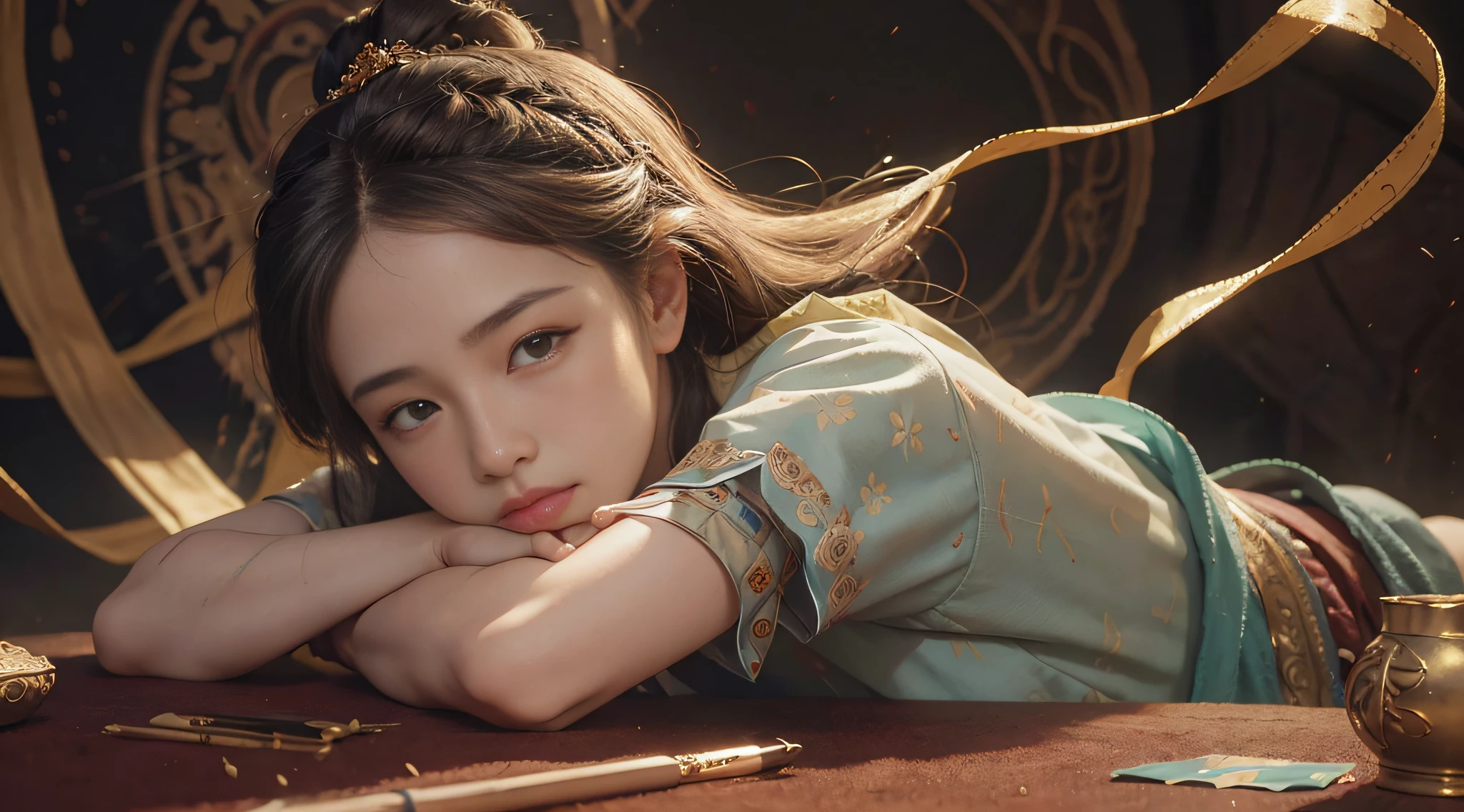 (RAW Photo, Best Quality), (Realistic, Photo Realistic: 1.3), Best Quality, Highly Detailed, Masterpiece, Hyperdetail, Illustration, 1 Girl, Forehead with Painting, upper_body, Dynamic Angle, World Masterpiece Theater, messy_long_hair, Best Quality, Extremely Detailed CG Unified 8k Wallpaper, Ink, Amazing, Cinematic Lighting, lens_flare,dunhuang_style