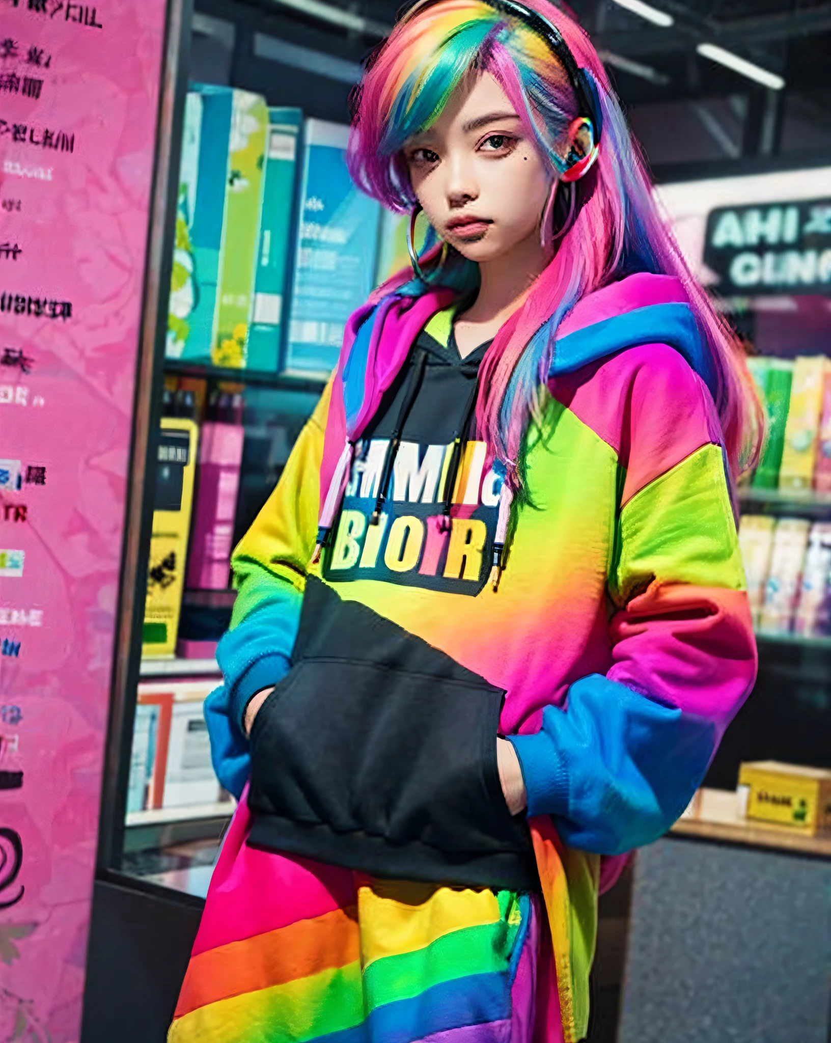 1girl,solo,rainbow hair, hoodie,straight hair, hand in pocket, headphones,  long hair,