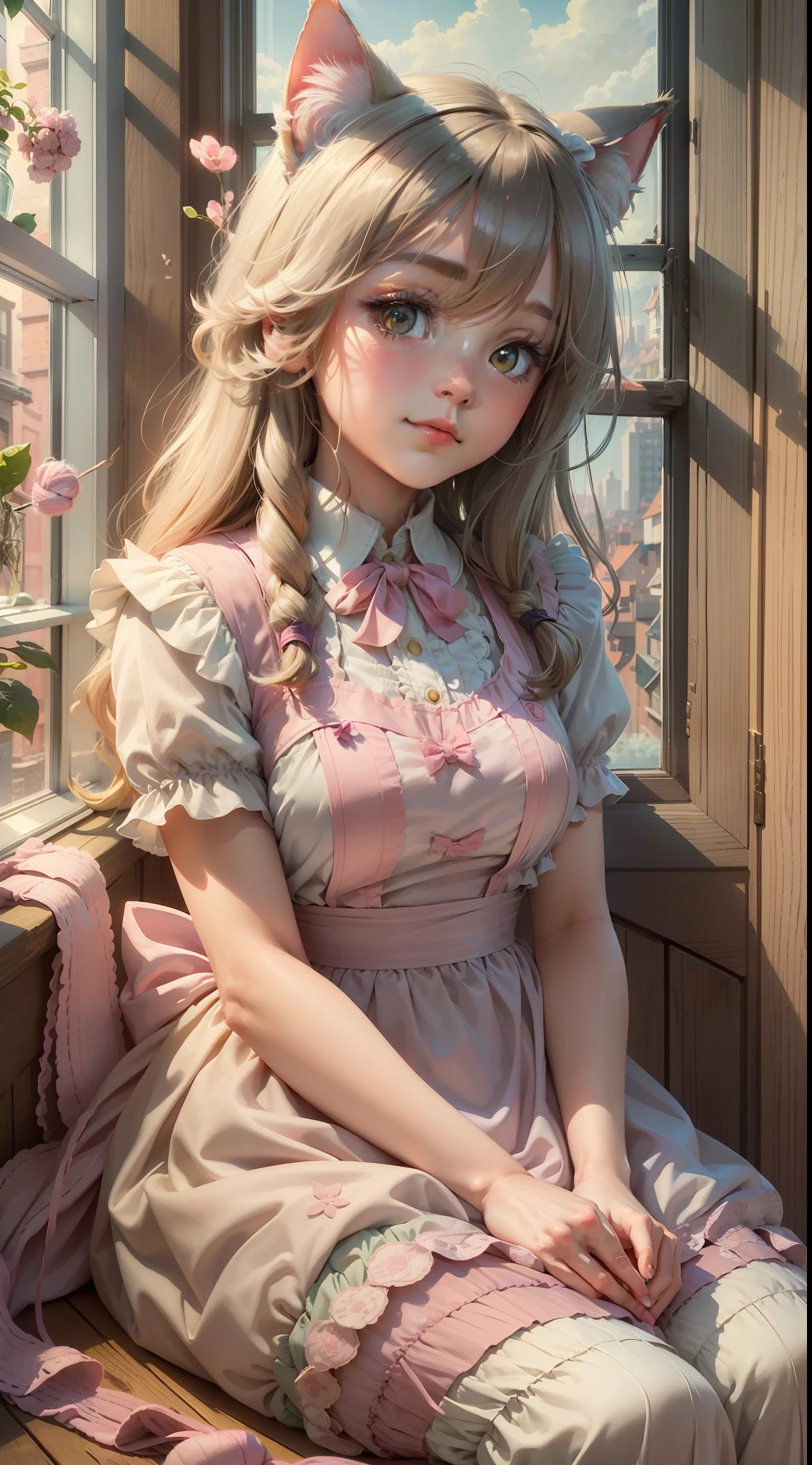 "((best quality)). ((ultradetailed))). (《(masterpiece)), illustration," "catgirl", "adorable", "feline features", "cute expression", "pink and white maid outfit", "sitting on a windowsill", "looking out at the cityscape", "playing with a ball of yarn", "with a cozy bedroom in the background".