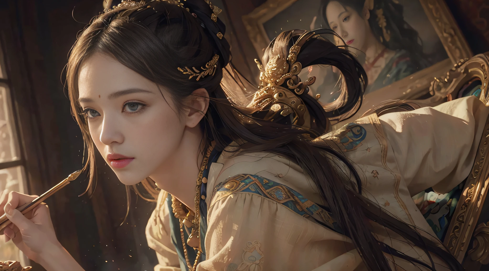 (RAW Photo, Best Quality), (Realistic, Photo Realistic: 1.3), Best Quality, Highly Detailed, Masterpiece, Hyperdetail, Illustration, 1 Girl, Forehead with Painting, upper_body, Dynamic Angle, World Masterpiece Theater, messy_long_hair, Best Quality, Extremely Detailed CG Unified 8k Wallpaper, Ink, Amazing, Cinematic Lighting, lens_flare,dunhuang_style