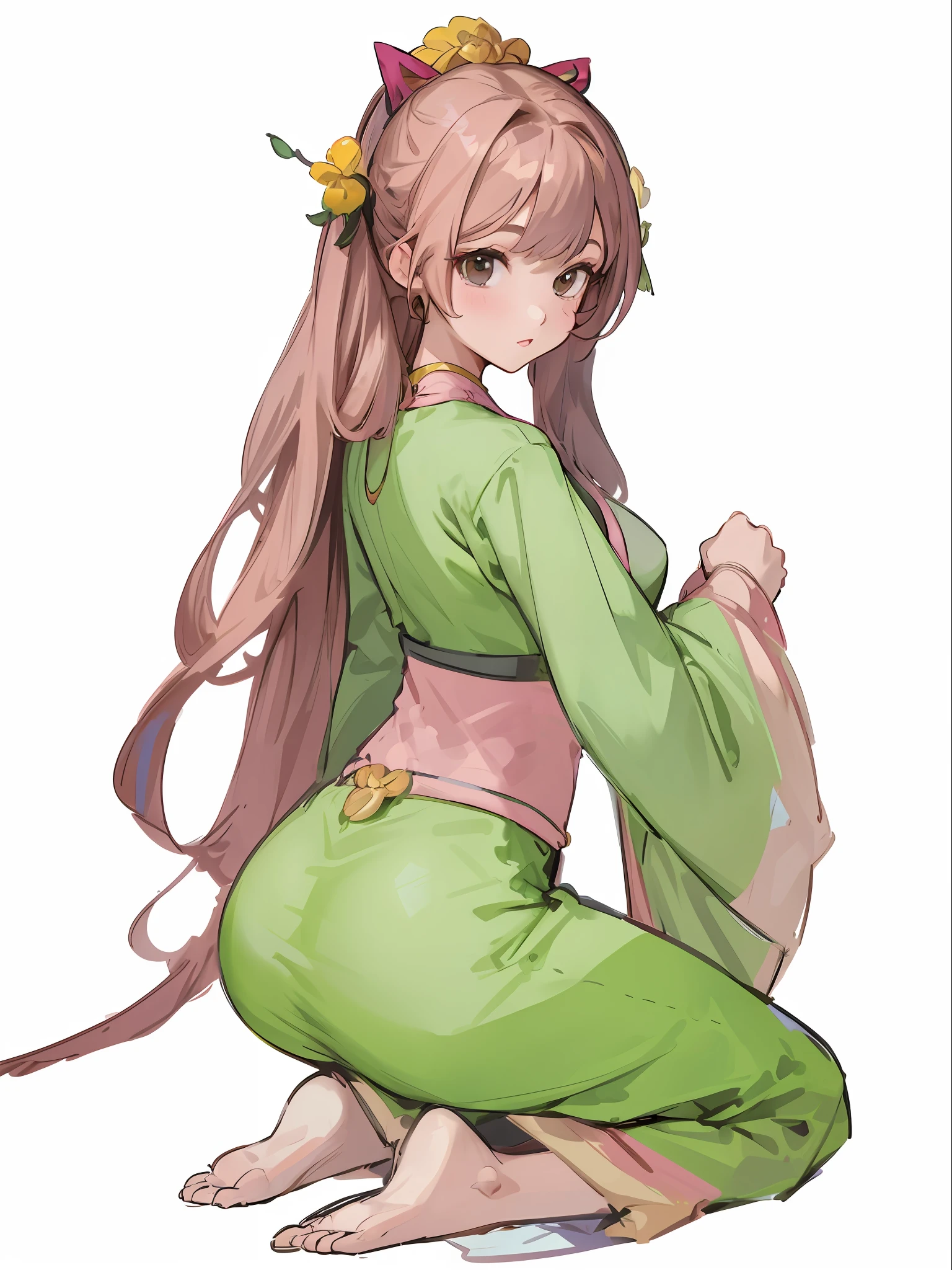 A kneeling girl, brown hair, black eyes, bare feet, green clothes, green skirt, pink gradient, pink neckline, lotus pattern, Hanfu, Chinese dress, anime, two-dimensional, high quality