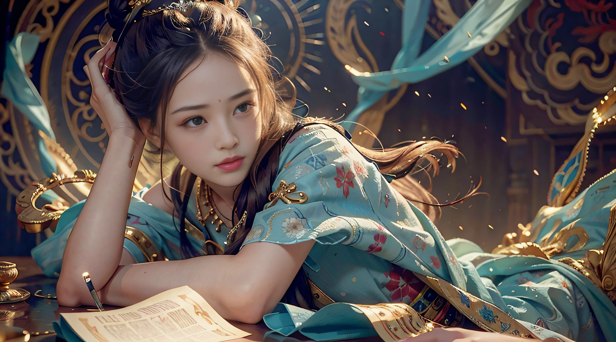 (RAW Photo, Best Quality), (Realistic, Photo Realistic: 1.3), Best Quality, Highly Detailed, Masterpiece, Hyperdetail, Illustration, 1 Girl, Forehead with Painting, upper_body, Dynamic Angle, World Masterpiece Theater, messy_long_hair, Best Quality, Extremely Detailed CG Unified 8k Wallpaper, Ink, Amazing, Cinematic Lighting, lens_flare,dunhuang_style
