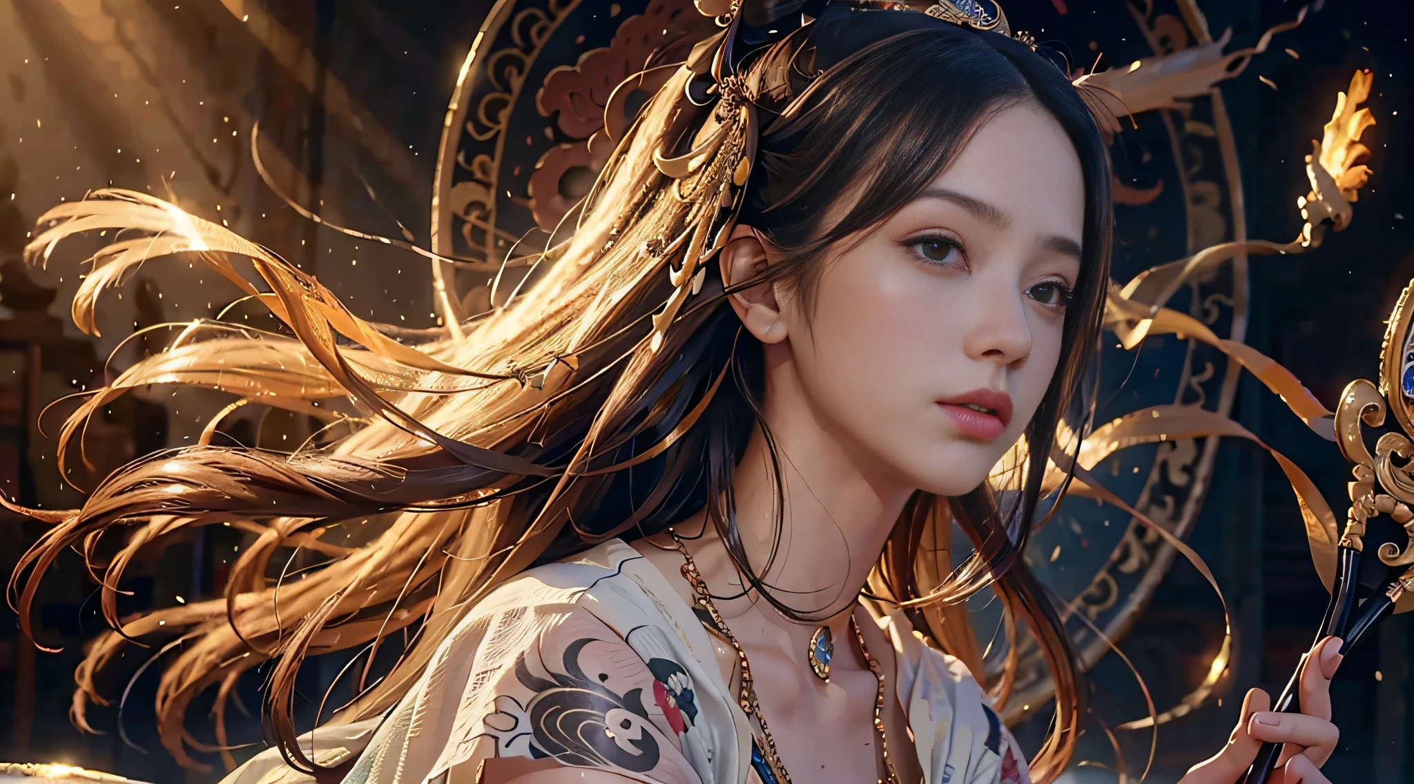 (RAW Photo, Best Quality), (Realistic, Photo Realistic: 1.3), Best Quality, Highly Detailed, Masterpiece, Hyperdetail, Illustration, 1 Girl, Forehead with Painting, upper_body, Dynamic Angle, World Masterpiece Theater, messy_long_hair, Best Quality, Extremely Detailed CG Unified 8k Wallpaper, Ink, Amazing, Cinematic Lighting, lens_flare,dunhuang_style
