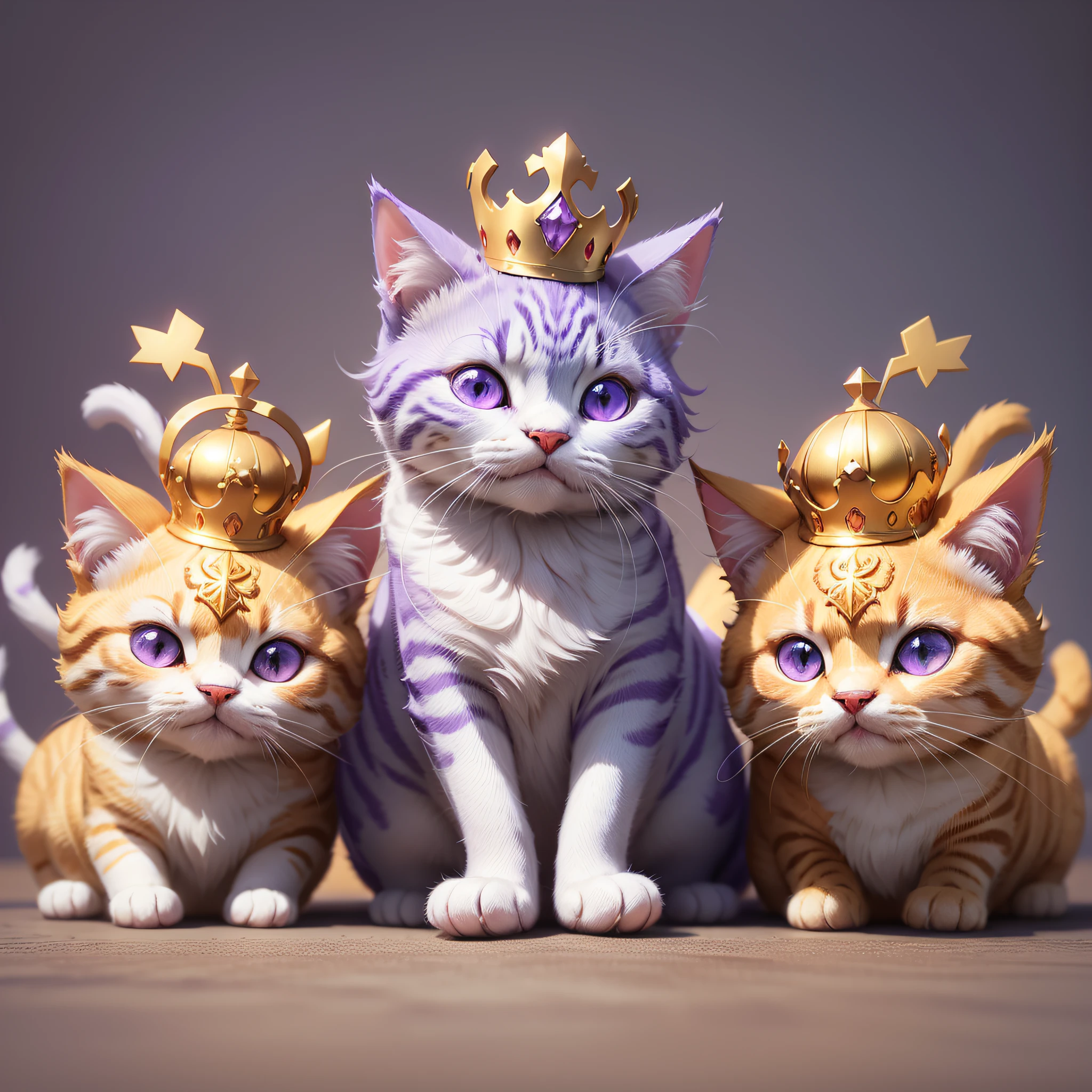 Purple and white cat with golden crown on head, cute 3 d rendering, cute digital painting, cute detailed digital art, stylized 3d rendering, stylized 3d rendering, stylized 3 d, stylized to 3d rendering, color zbrush rendering, smooth 3d cg rendering, cute digital art, cute cat, super detailed rendering --auto --s2