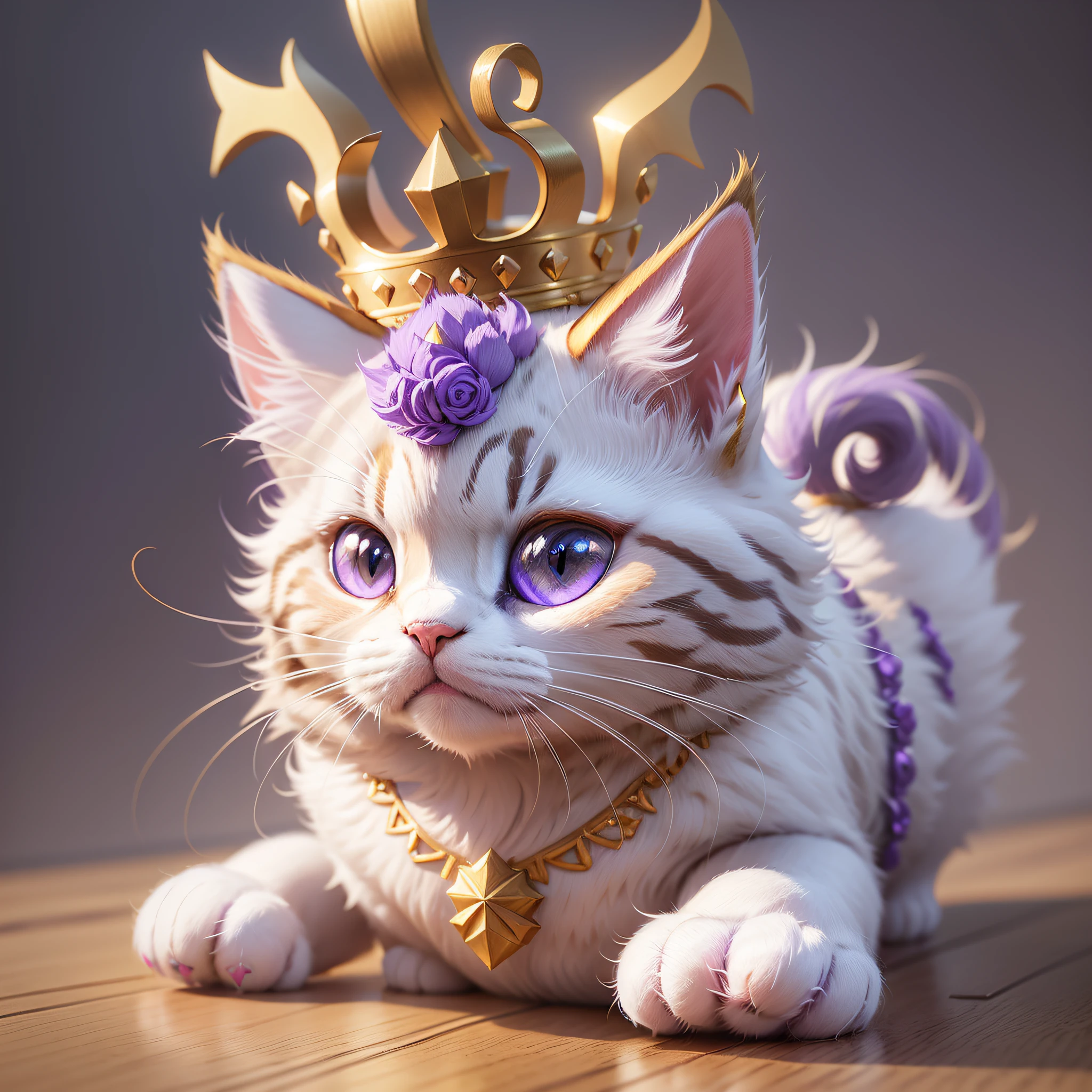 Purple and white cat with golden crown on head, cute 3 d rendering, cute digital painting, cute detailed digital art, stylized 3d rendering, stylized 3d rendering, stylized 3 d, stylized to 3d rendering, color zbrush rendering, smooth 3d cg rendering, cute digital art, cute cat, super detailed rendering --auto --s2