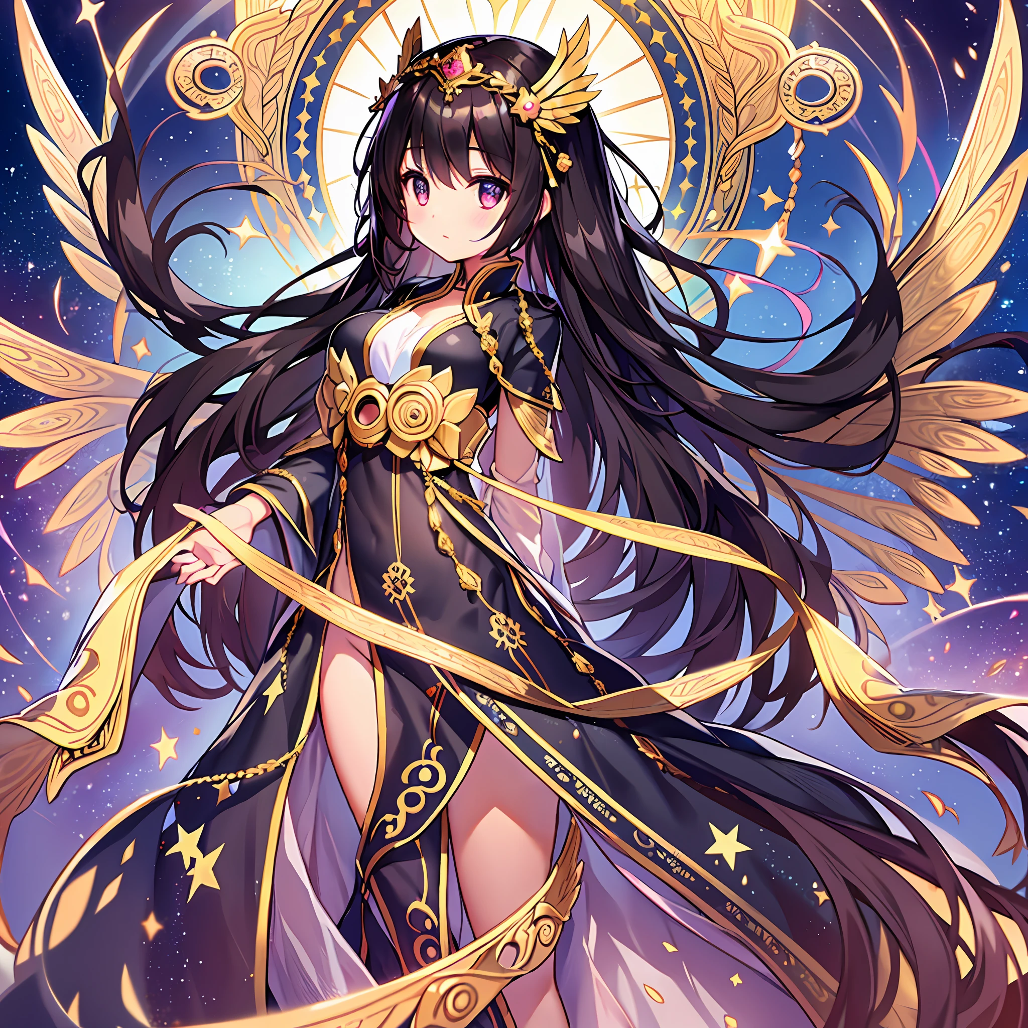 a unsullied cute girl, 1girl is purity, seraph, full body focus, detailed face, beautiful dark brown hair, beautiful black eyes, very long hair, divine shiny, stars, sacred place, sacred garments cover her whole body, Three sets of golden peacock wings grow from her back