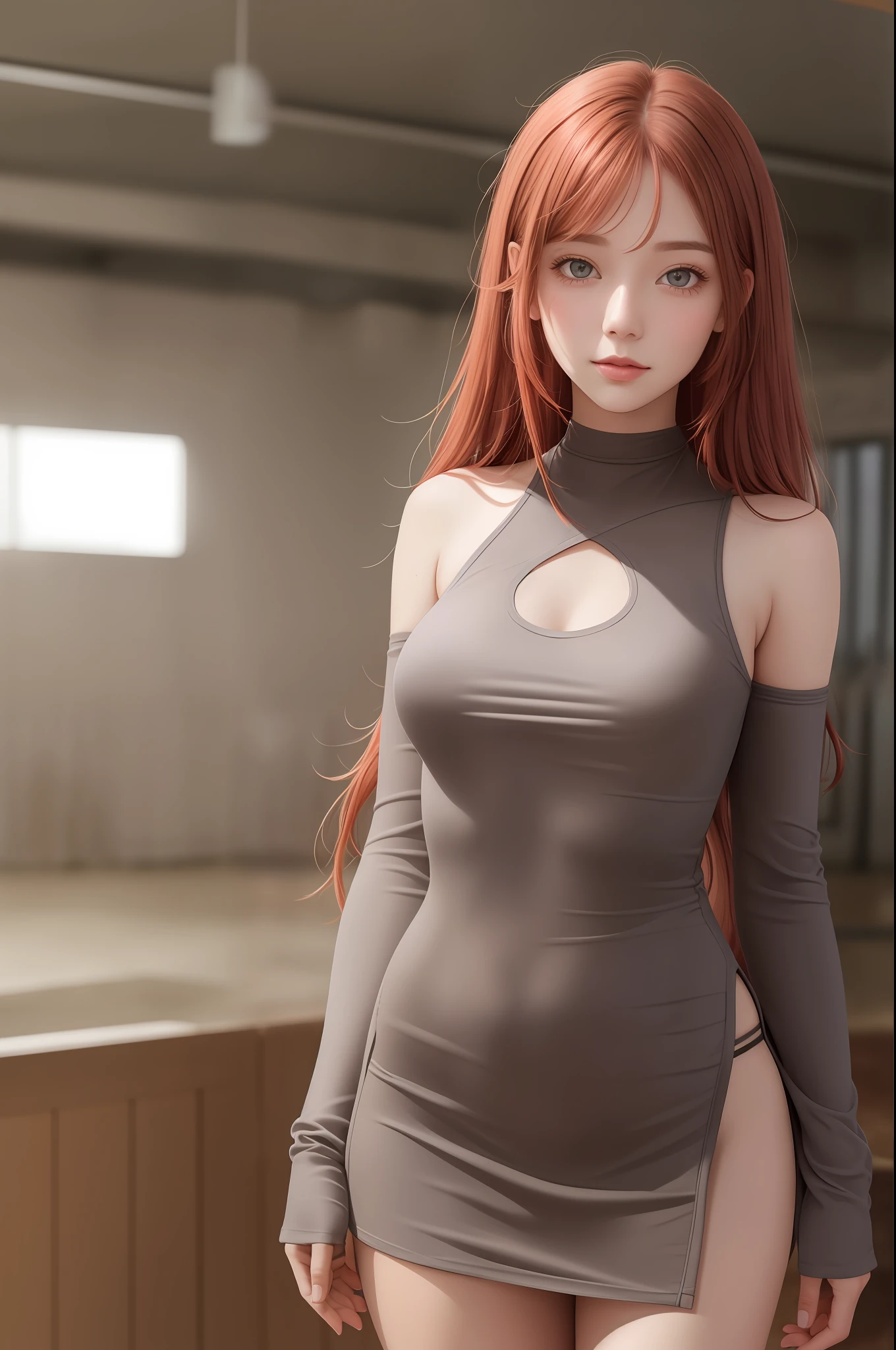 gentle beautiful girl, messy red hair, brown and gray heterochromia, desert dress, hourglass body, little smile, open mind, yoga studio, figure, anime girl, face Clean detailed, intractated clothing, similar colors, nice gradients, depth of field, clean images, high quality, high detail, high definition, Luminous Studio graphics engine, faces. cute,
