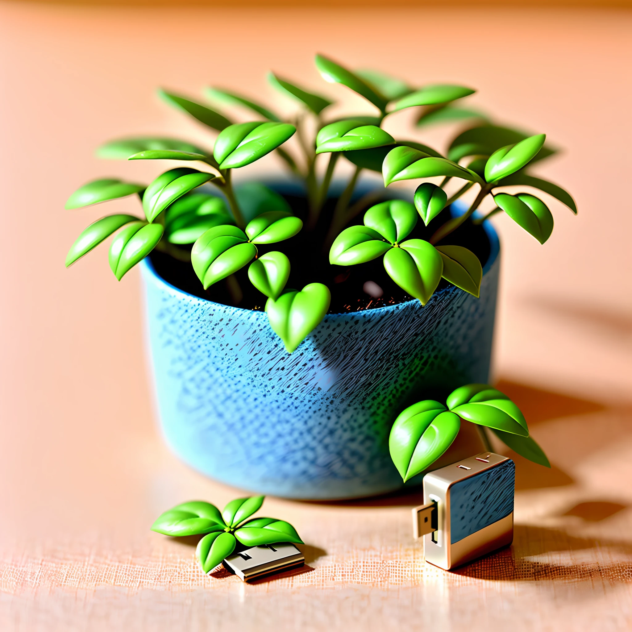 A USB flash drive is placed on the table A little close-up, give a close-up, with a little plant decoration around, the overall bright style