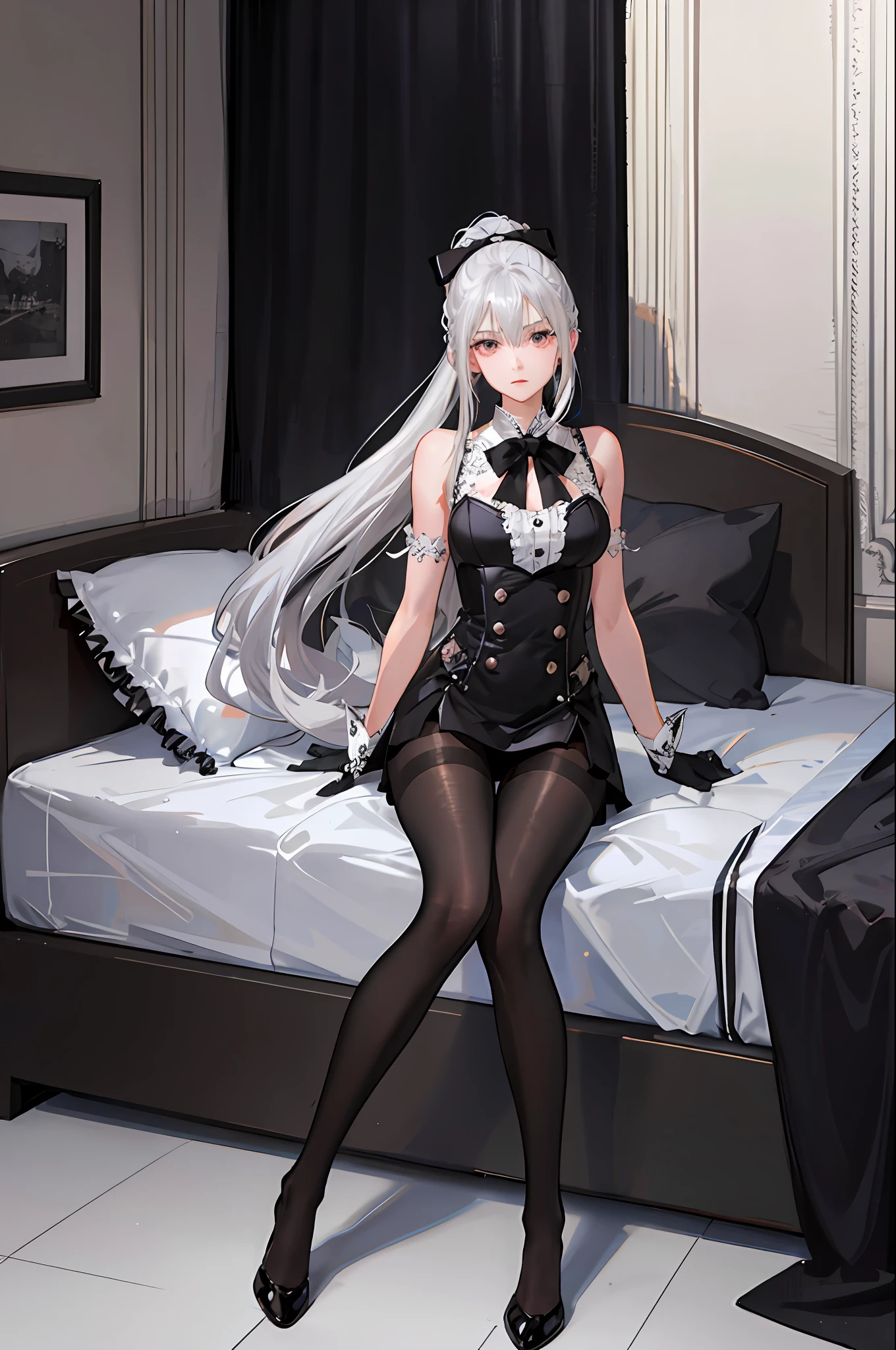 (1 girl)), ray tracing, (dim lighting), [detailed background (bedroom)), ((silver hair)), ((silver hair)), (silver hair), (fluffy silver hair, plump and slim girl)) with high ponytail))) Avoid blonde eyes in the ominous bedroom (((girl wears intricately embroidered black high-waisted pants with pantyhose) and white ruffled bow gloves), showing a delicate slender figure and graceful curves, correct limbs, sitting on the bed