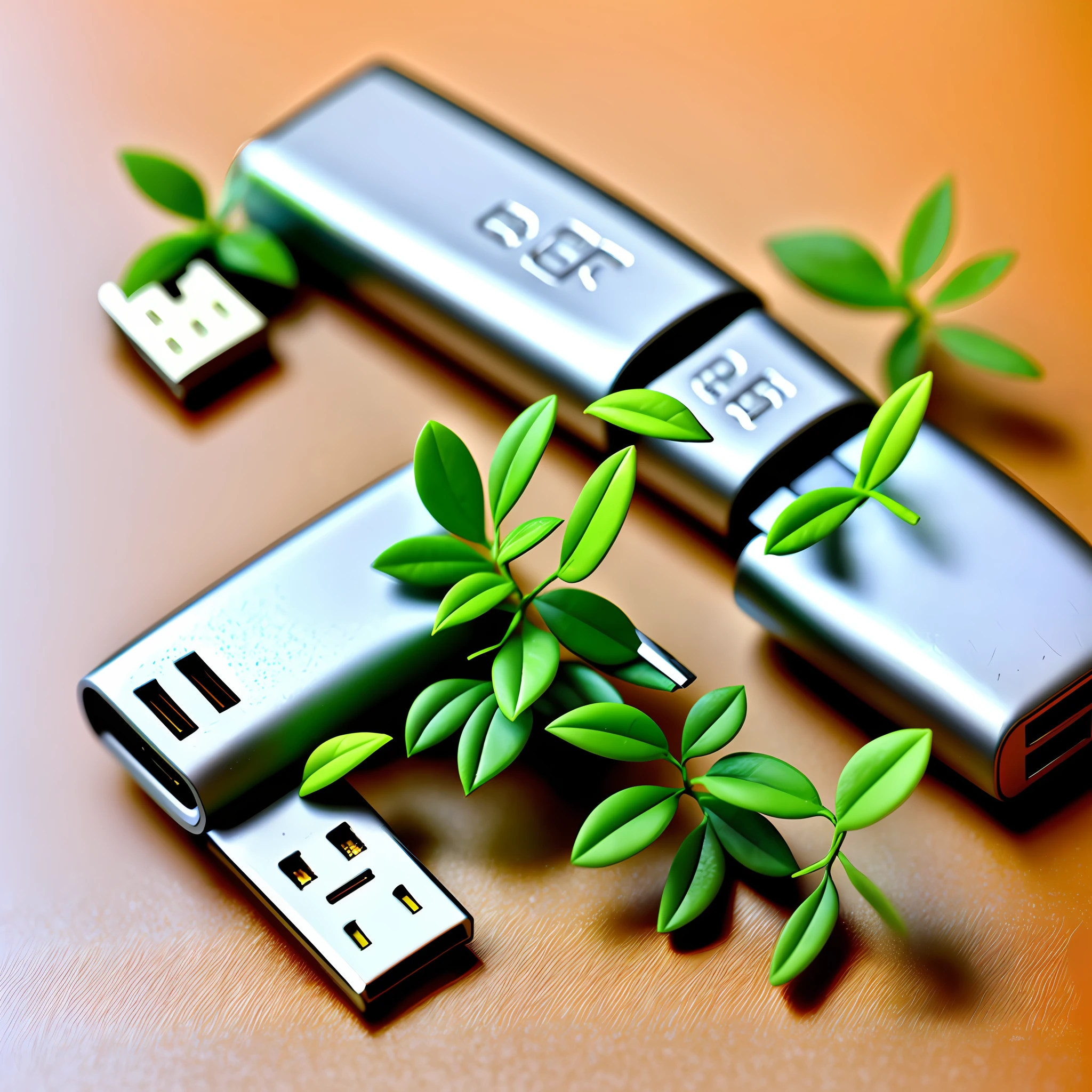 A USB flash drive is placed on the table A little close-up, give a close-up, with a little plant decoration around, the overall bright style
